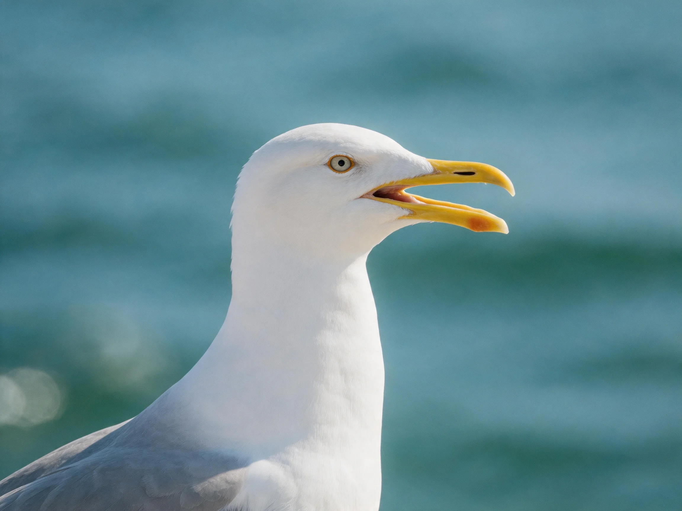 A close - up of a seagull with white plumage and yellow beak near turquoise water