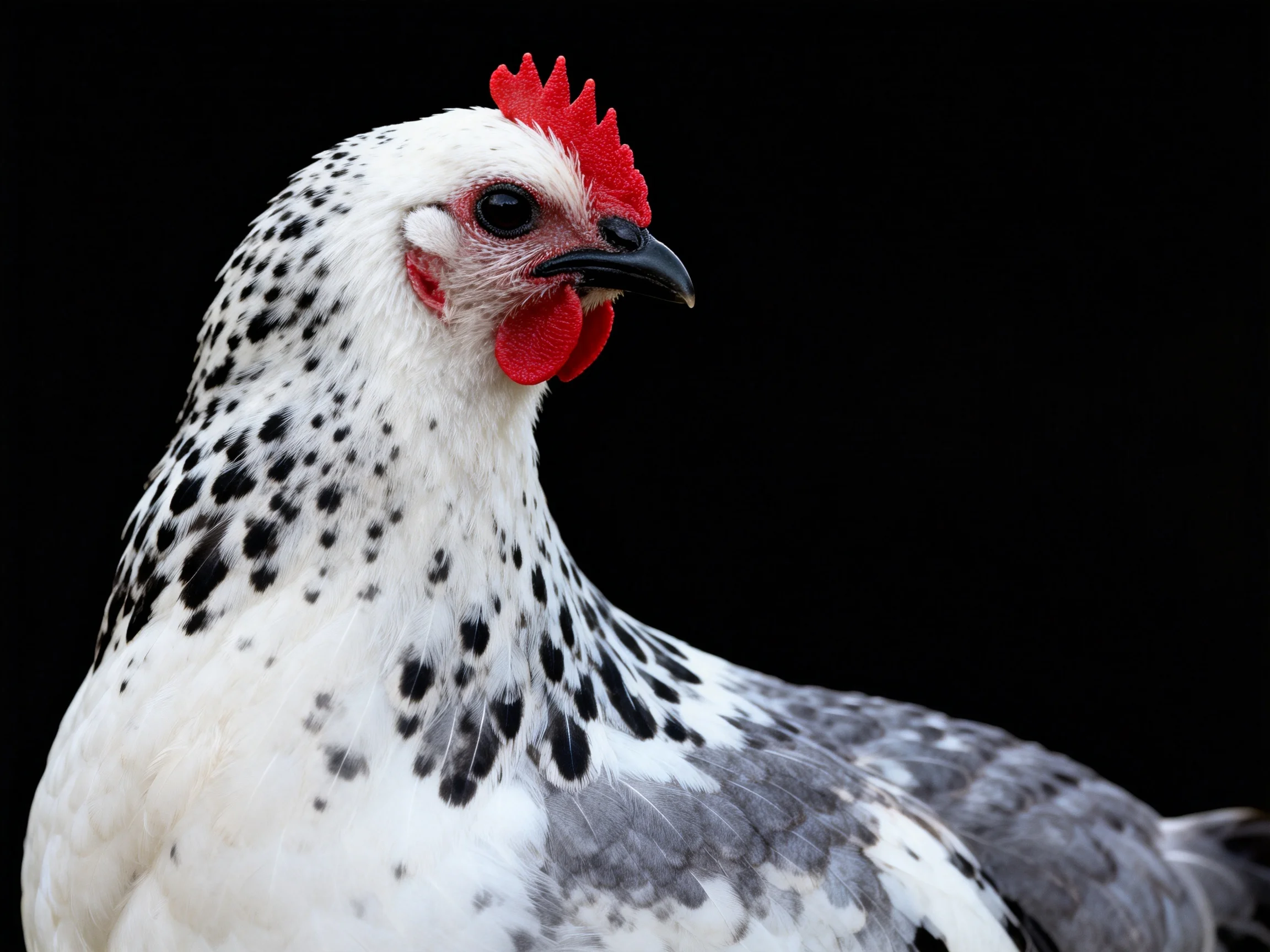 A close - up of a speckled chicken with vibrant red comb