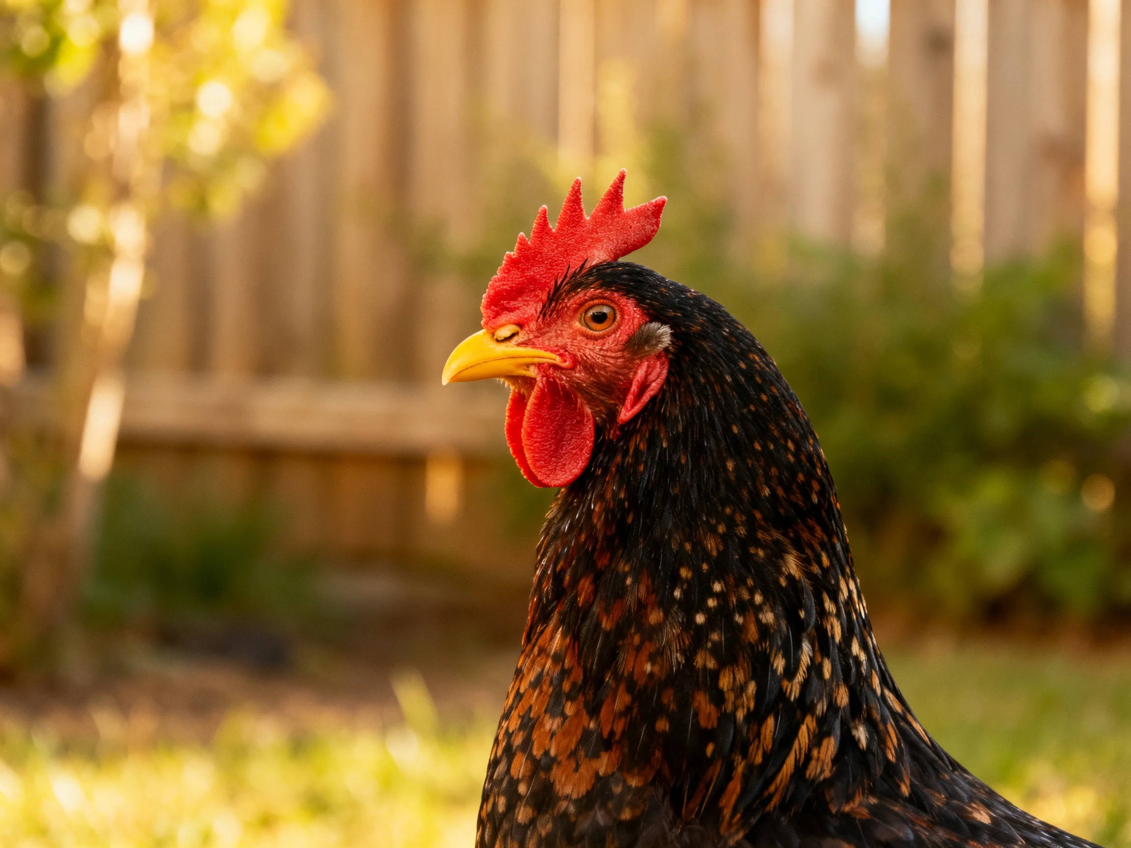 A close - up of a speckled rooster with a bright red comb