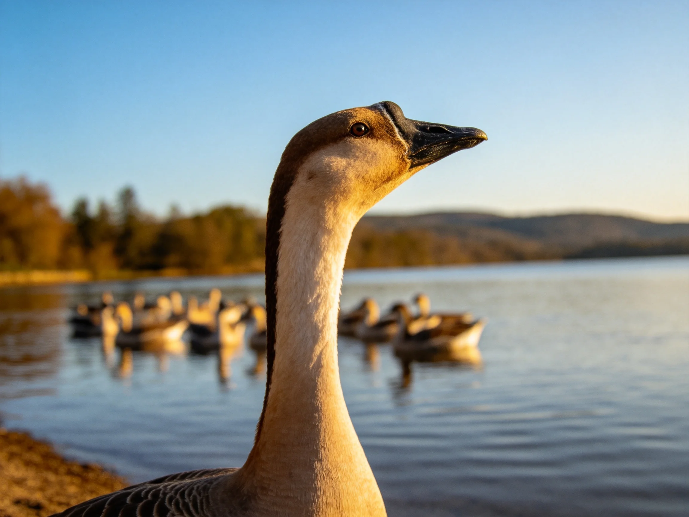 A close - up of a tan - necked goose by a calm lake with others swimming