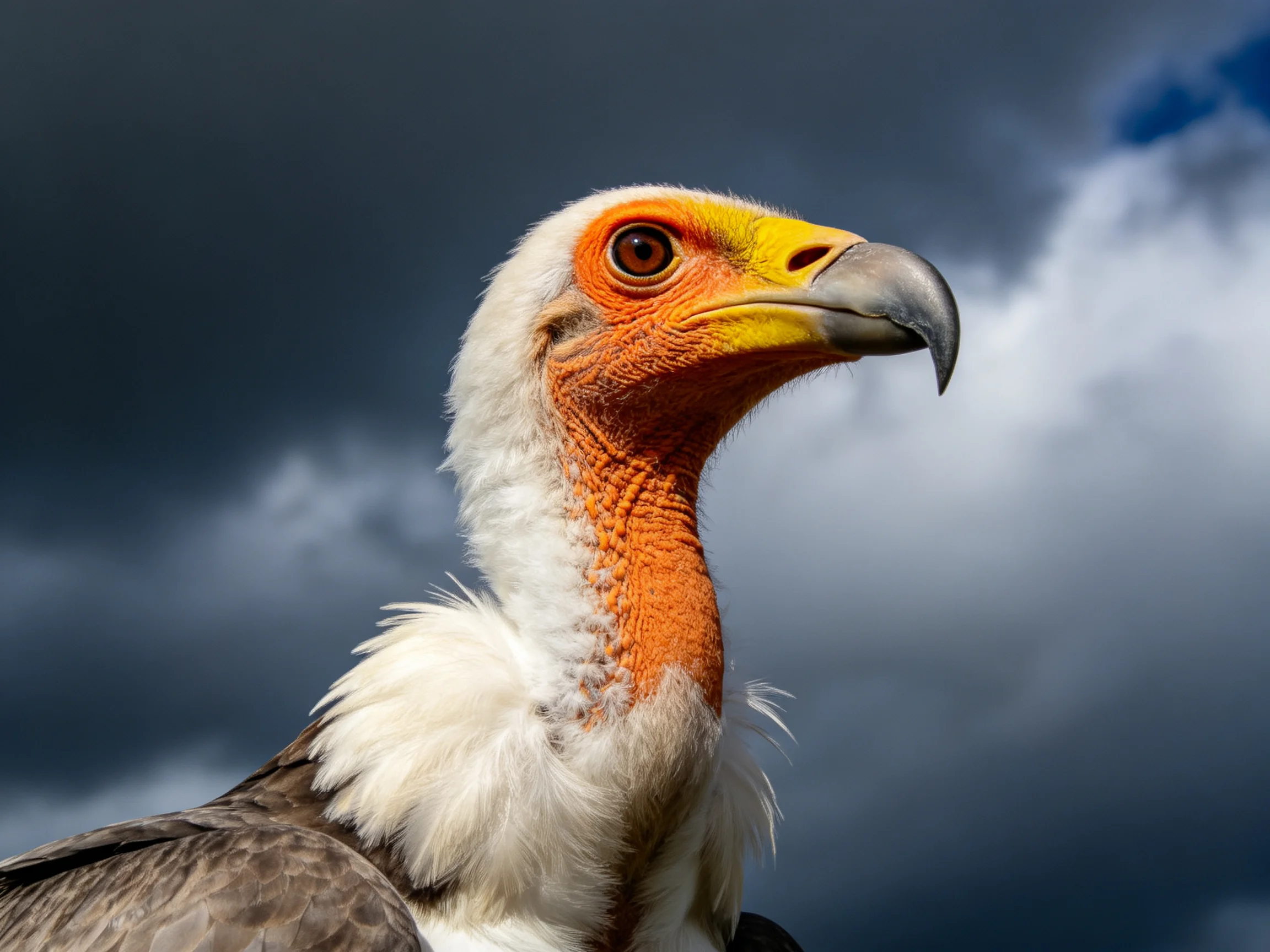 A close - up of a vulture with an orange neck, yellow beak, set against dark storm clouds.