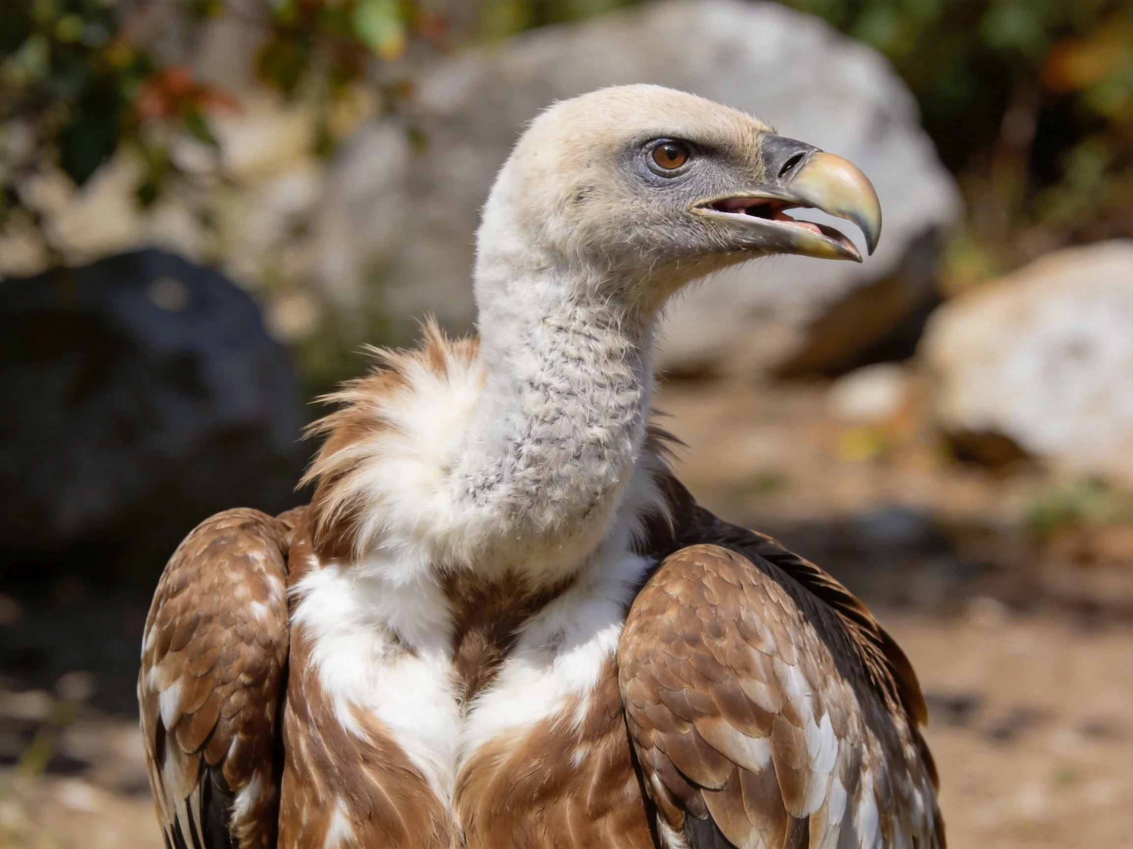 A close - up of a vulture with brown and white feathers