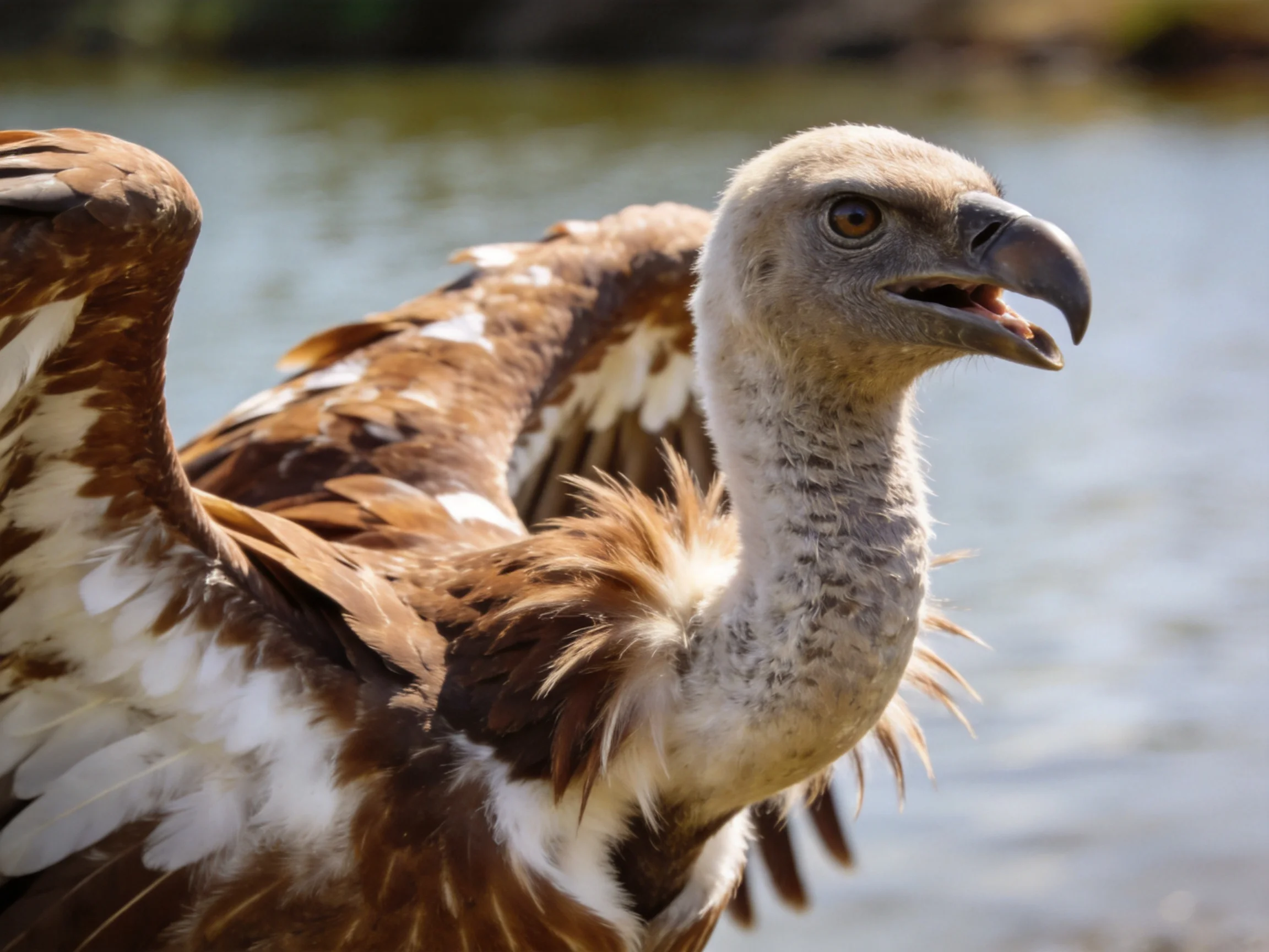 A close - up of a vulture with brown and white plumage near water