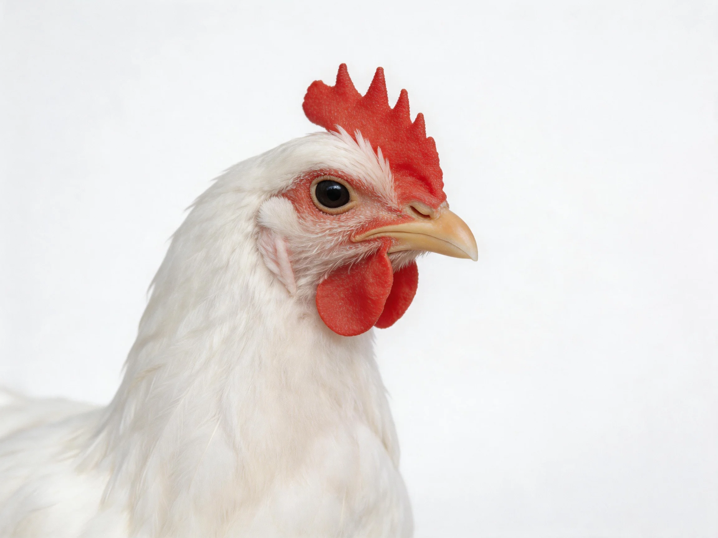 A close - up of a white chicken with bright red comb and wattles