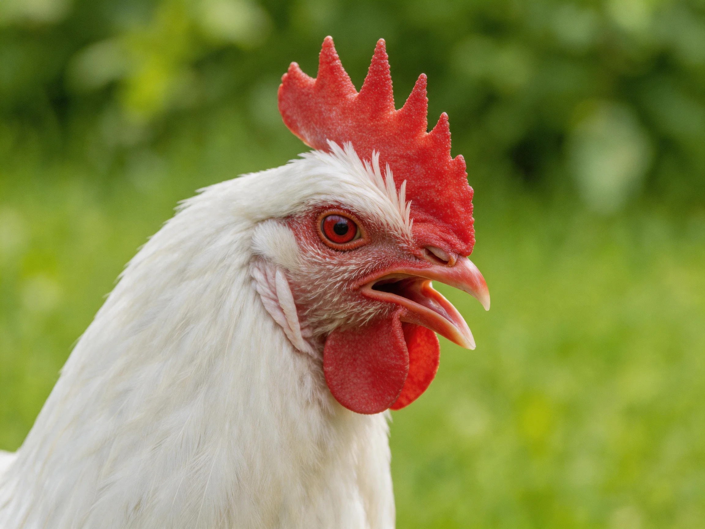 A close - up of a white chicken with bright red comb and wattles