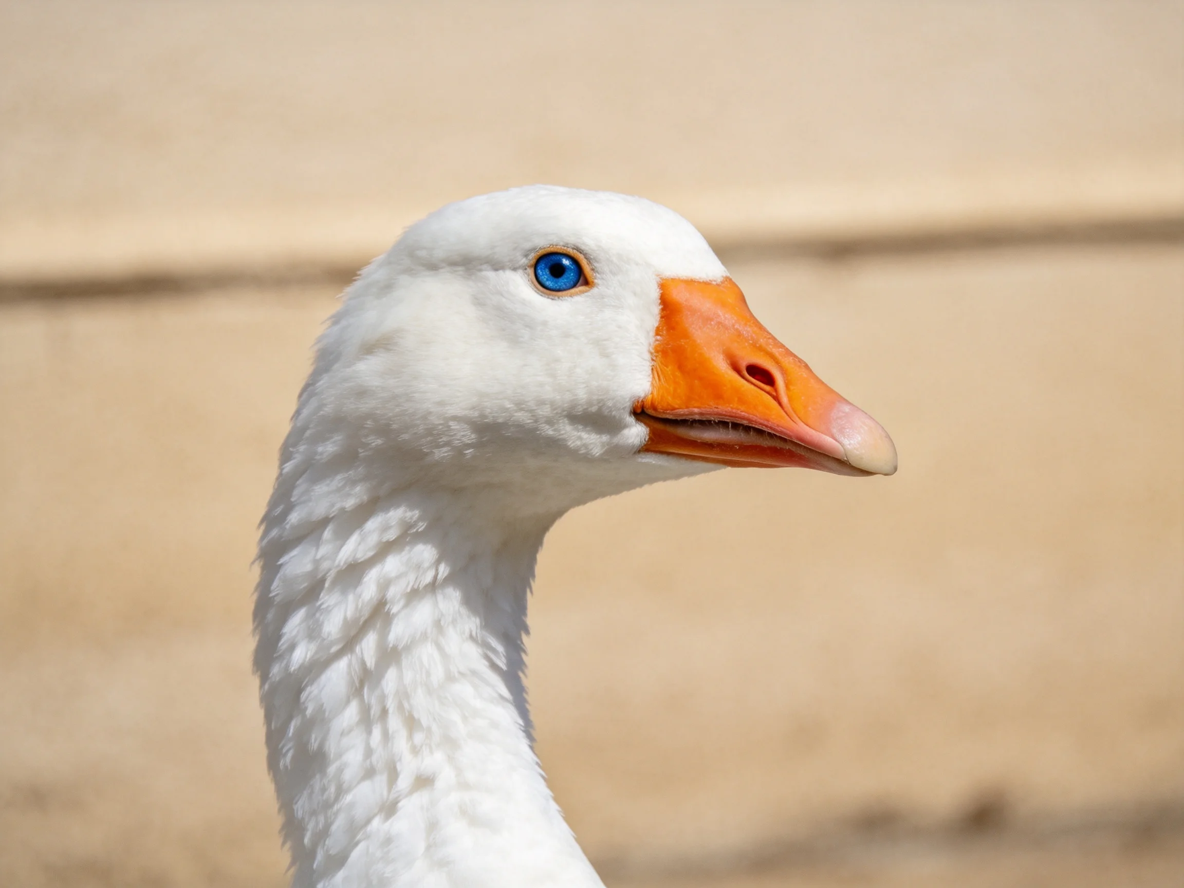 A close - up of a white goose with an orange beak and blue eye