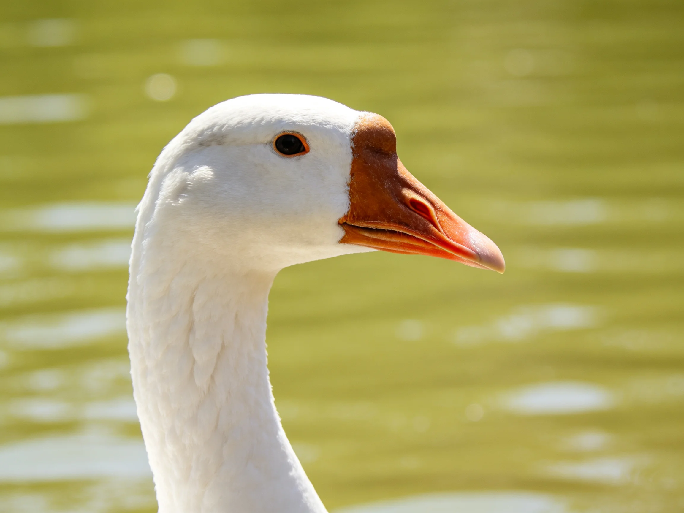 A close-up of a white goose with an orange beak by greenish water