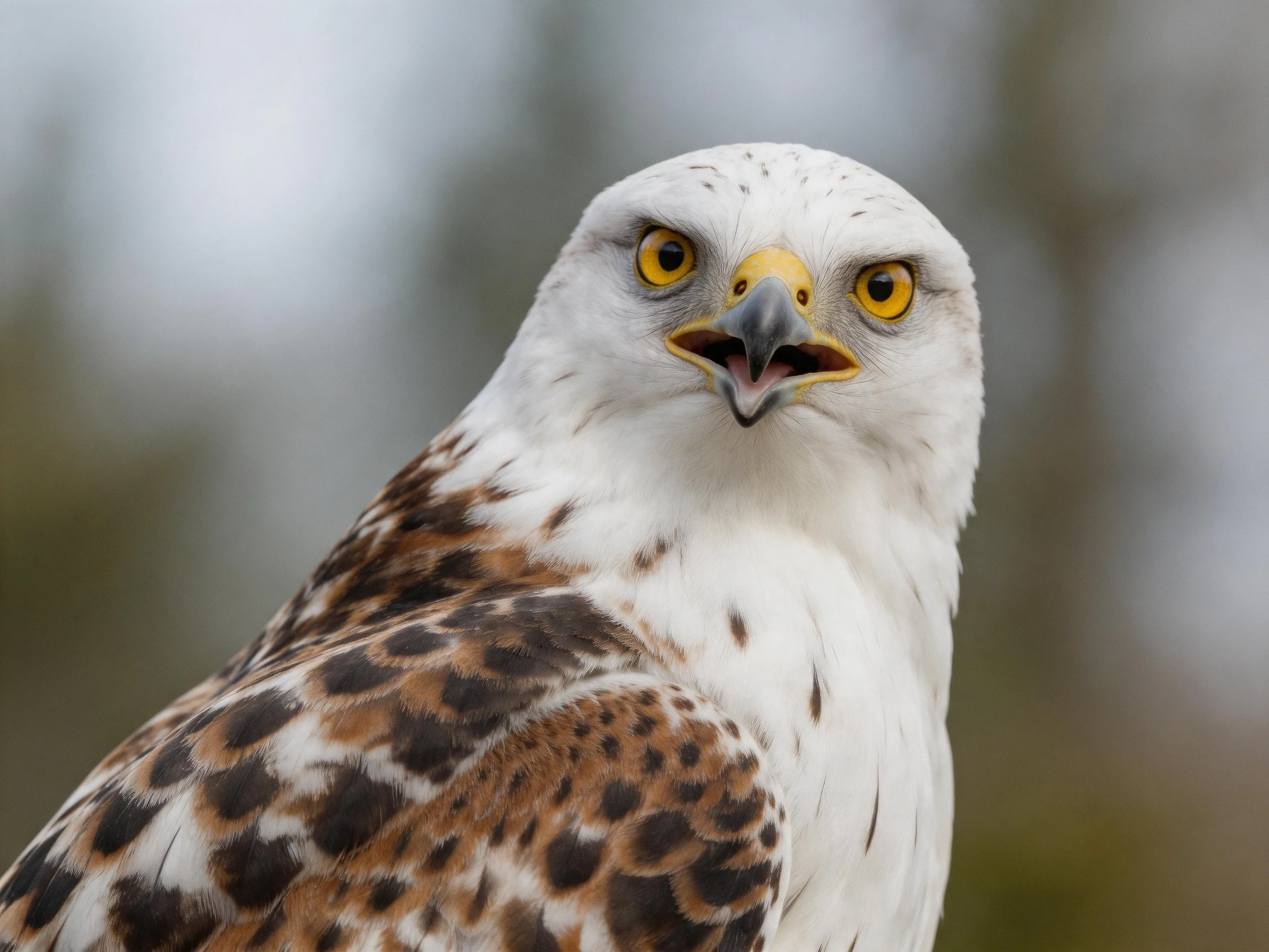A close - up of a white - headed bird of prey with brown spotted wings