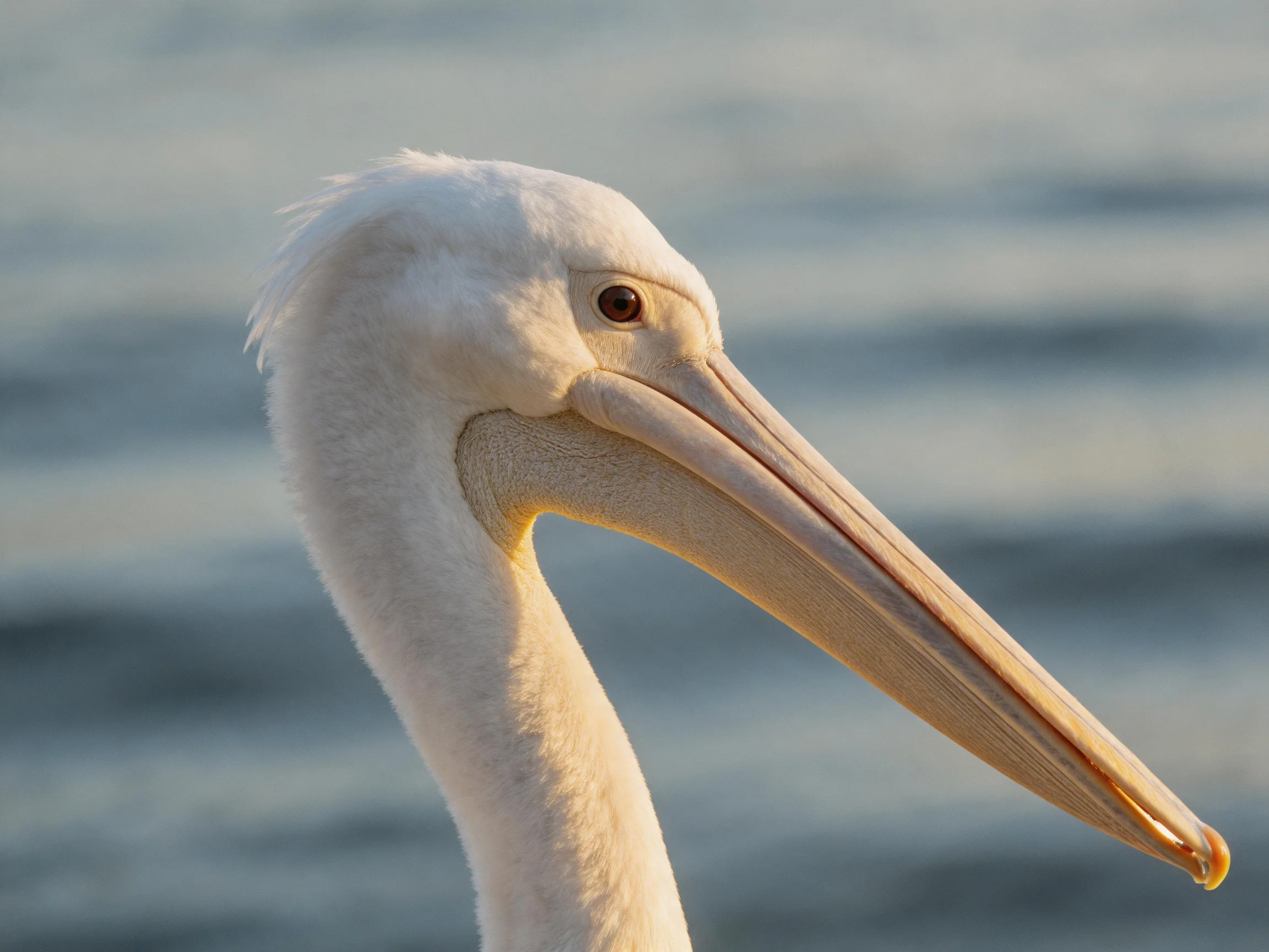 A close - up of a white pelican with a long beige beak by calm blue waters