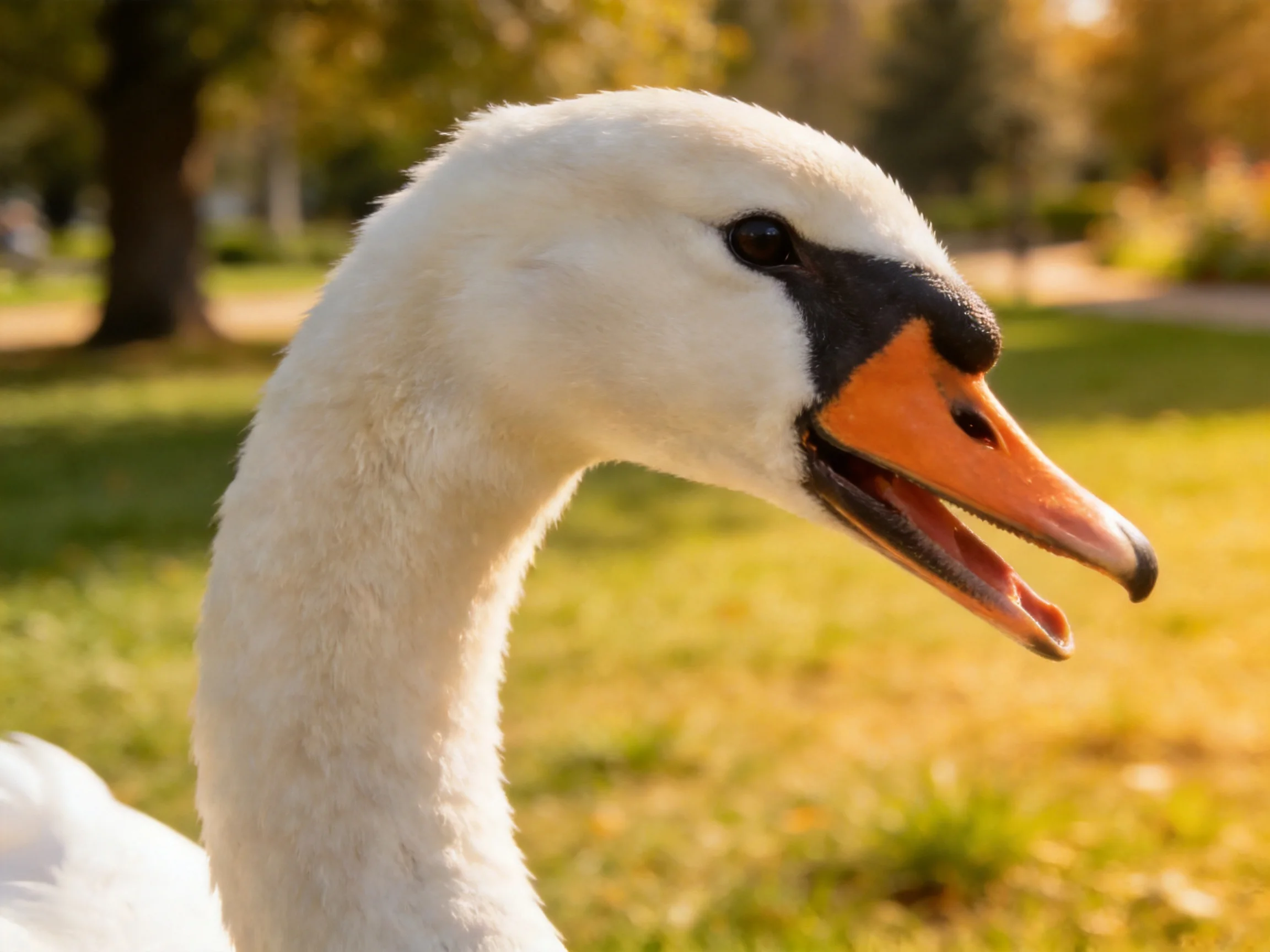 A swan with an orange beak is photographed up close in a sunlit park.