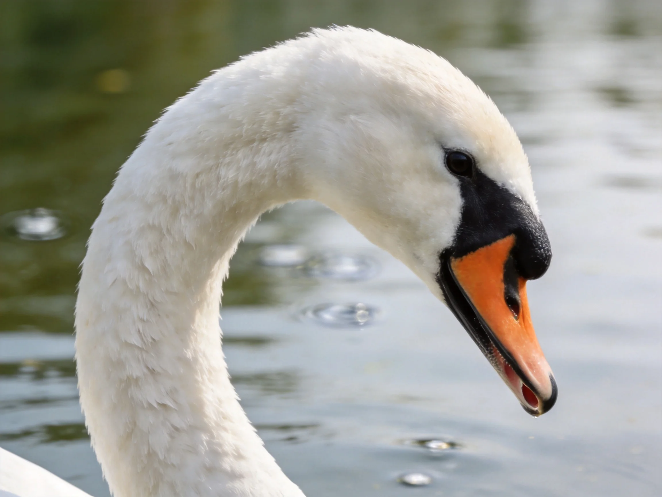 A close-up of a white swan with an orange beak by calm water