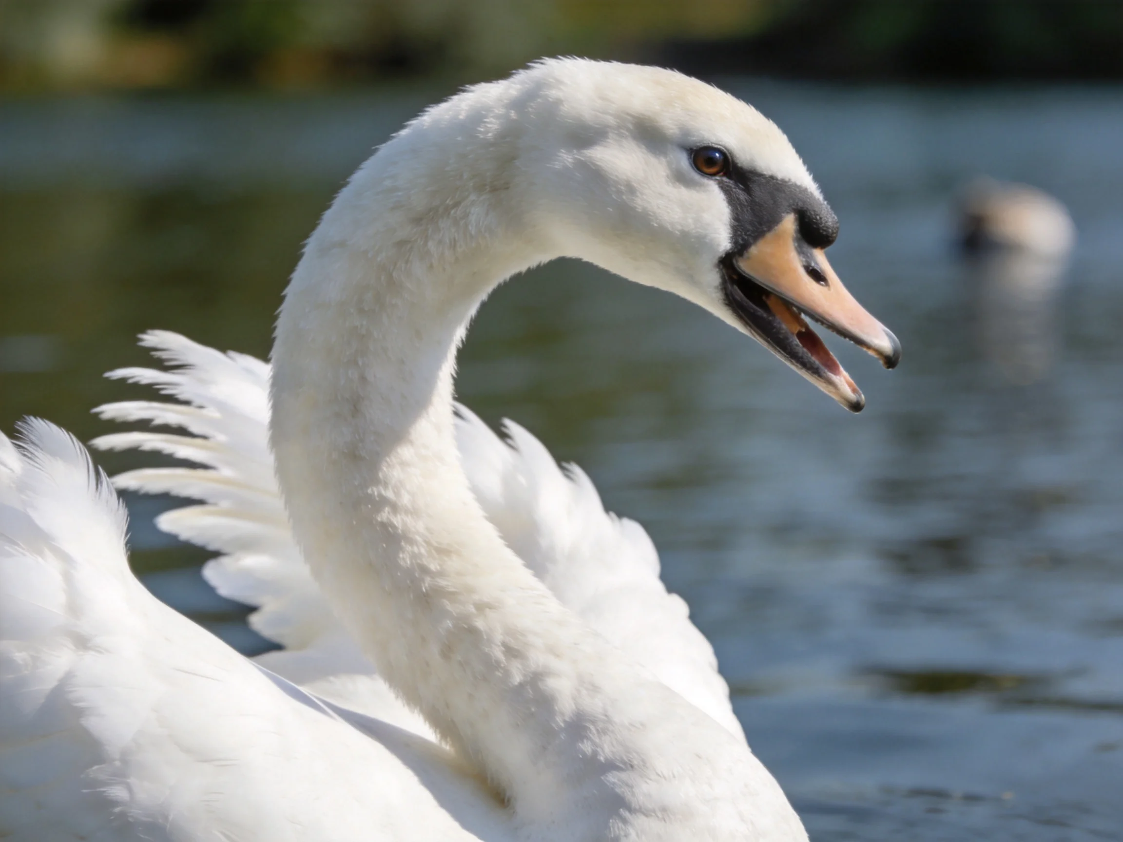 A white swan with black facial markings swims near calm water.