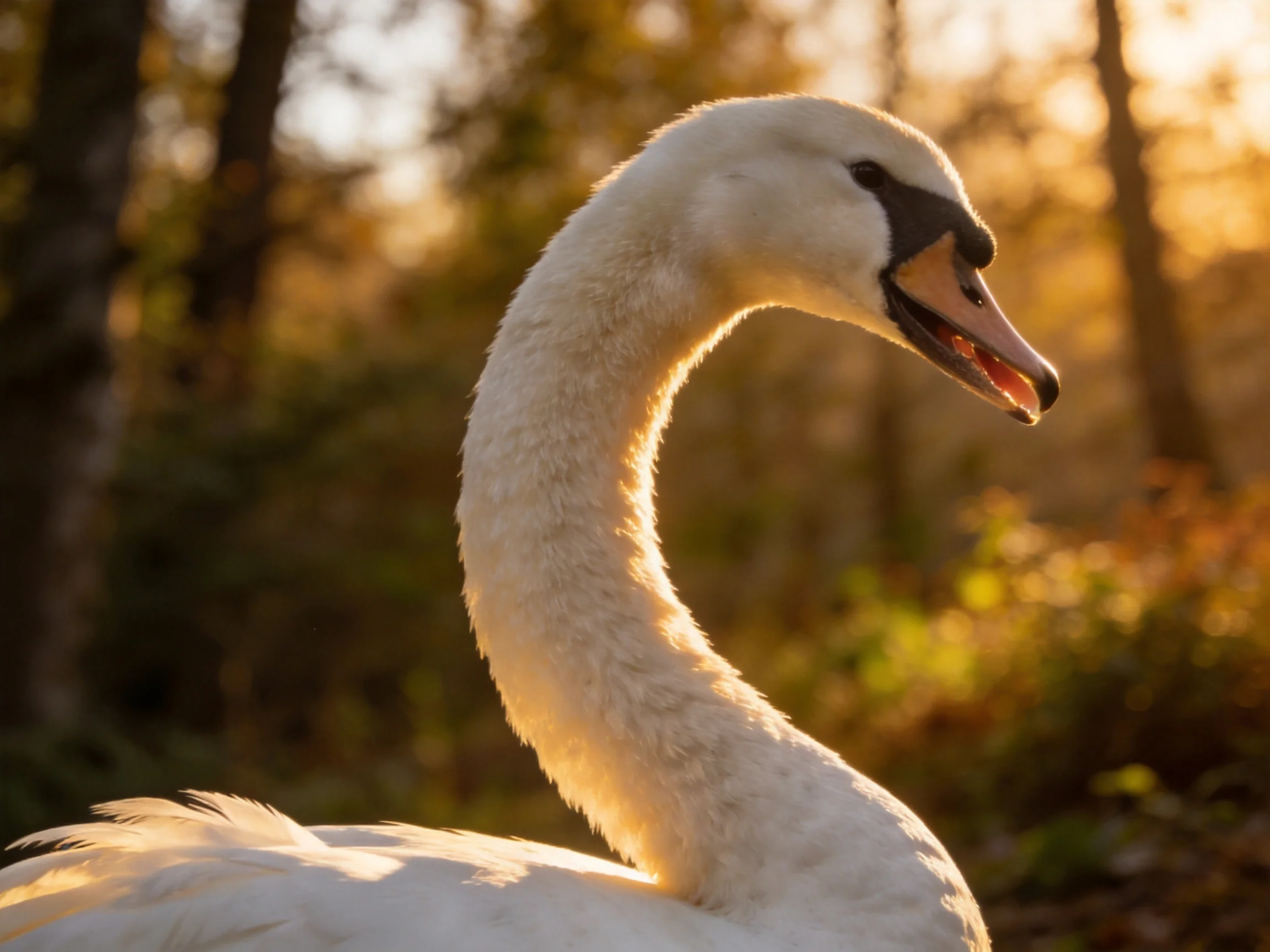 A white swan is illuminated by golden sunlight amid a blurred natural setting.
