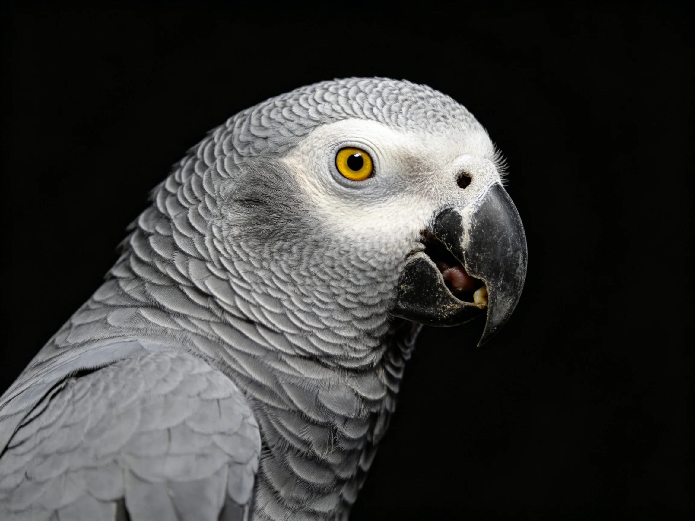 A close - up of an African Grey parrot with grey plumage and yellow eyes