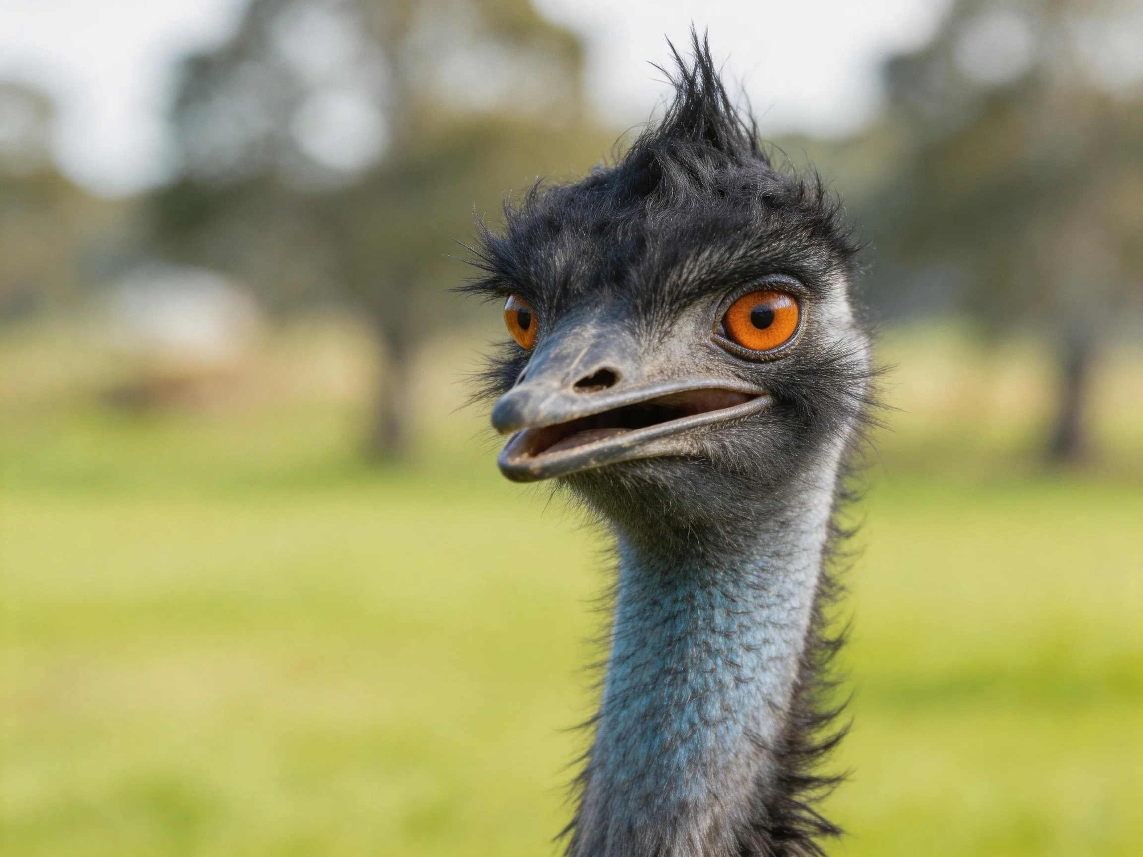 A close - up of an emu with bright orange eyes and dark plumage