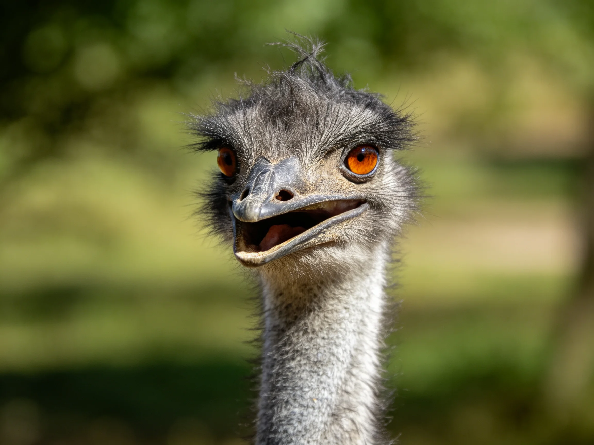 A close - up of an emu with bright orange eyes and gray plumage