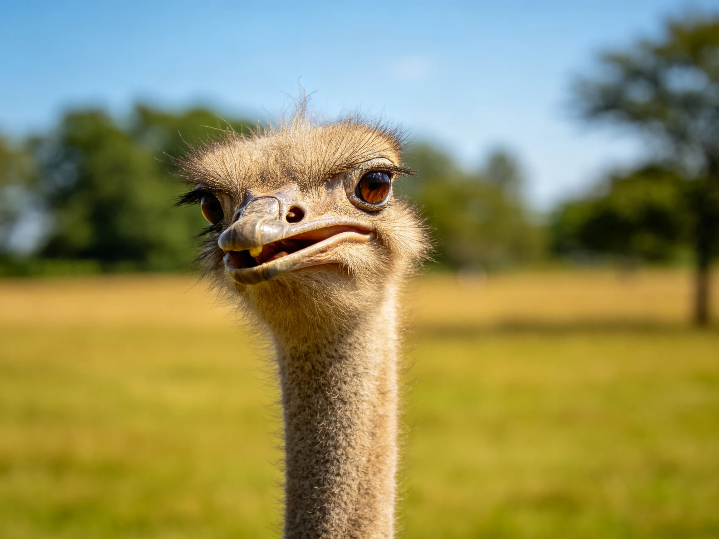 A close - up of an ostrich with brown feathers in a sunny field