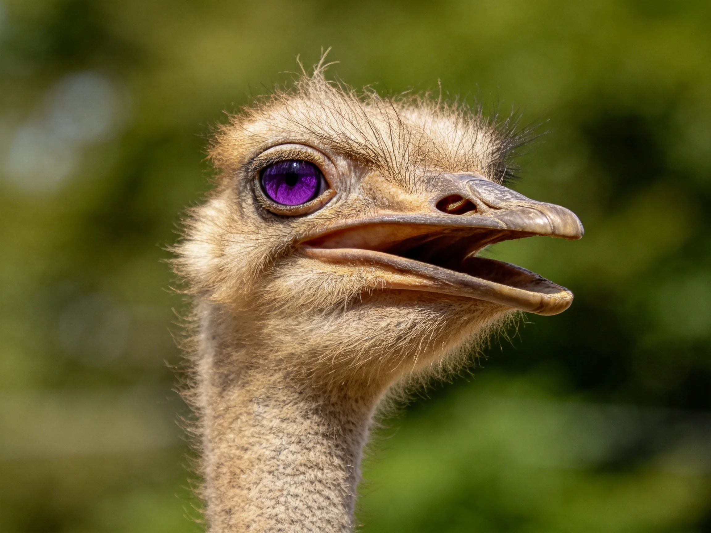 A close - up of an ostrich with vivid purple eye and textured feathers