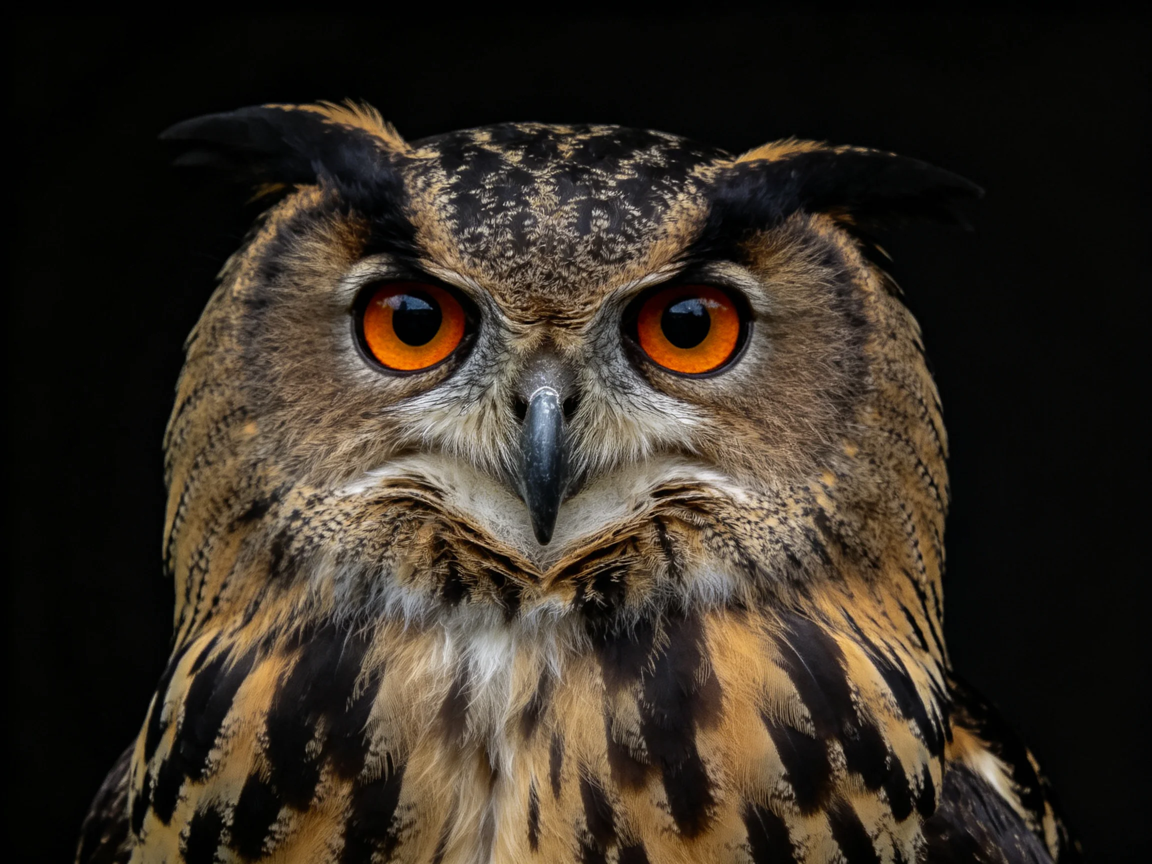A close-up of an owl with bright orange eyes and patterned plumage