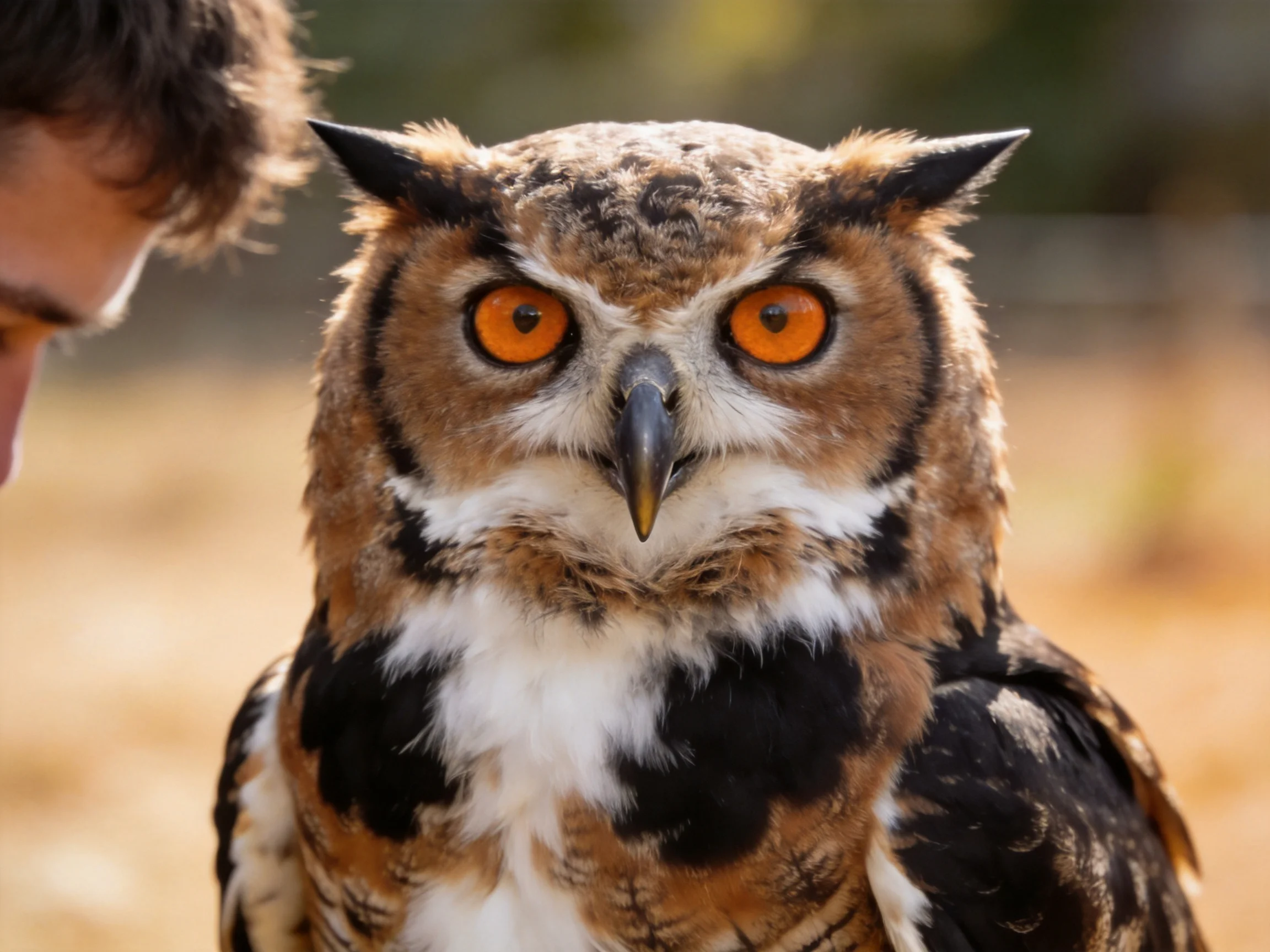 A close - up of an owl with vivid orange eyes and brown/white plumage