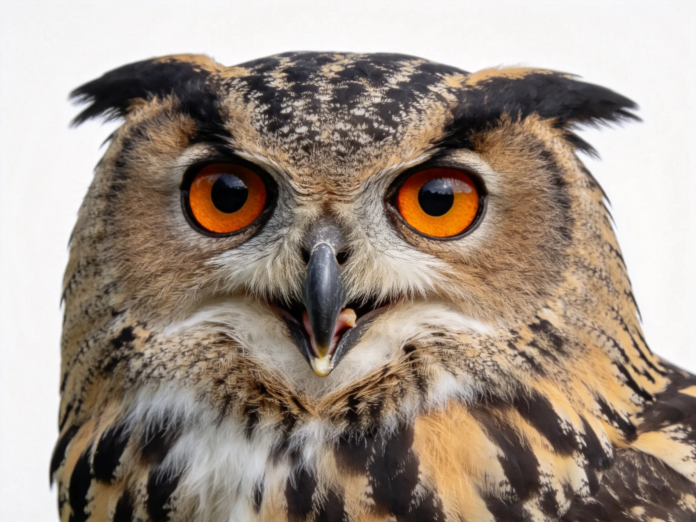 A close-up of an owl with vivid orange eyes and patterned plumage