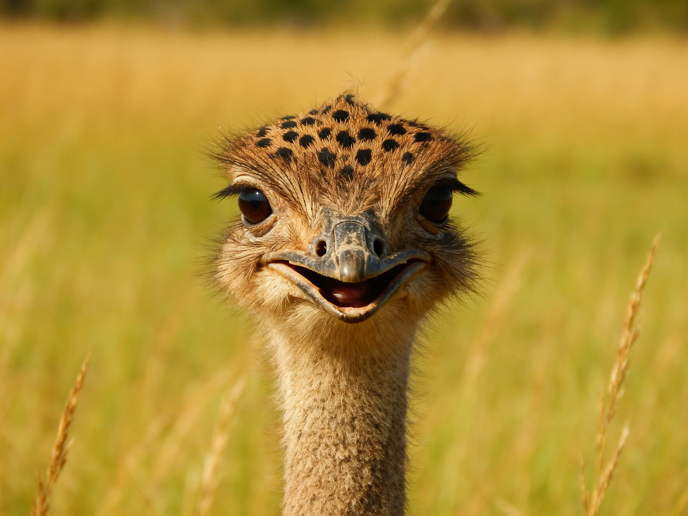 A close-up portrait of a spotted bird in golden grasslands