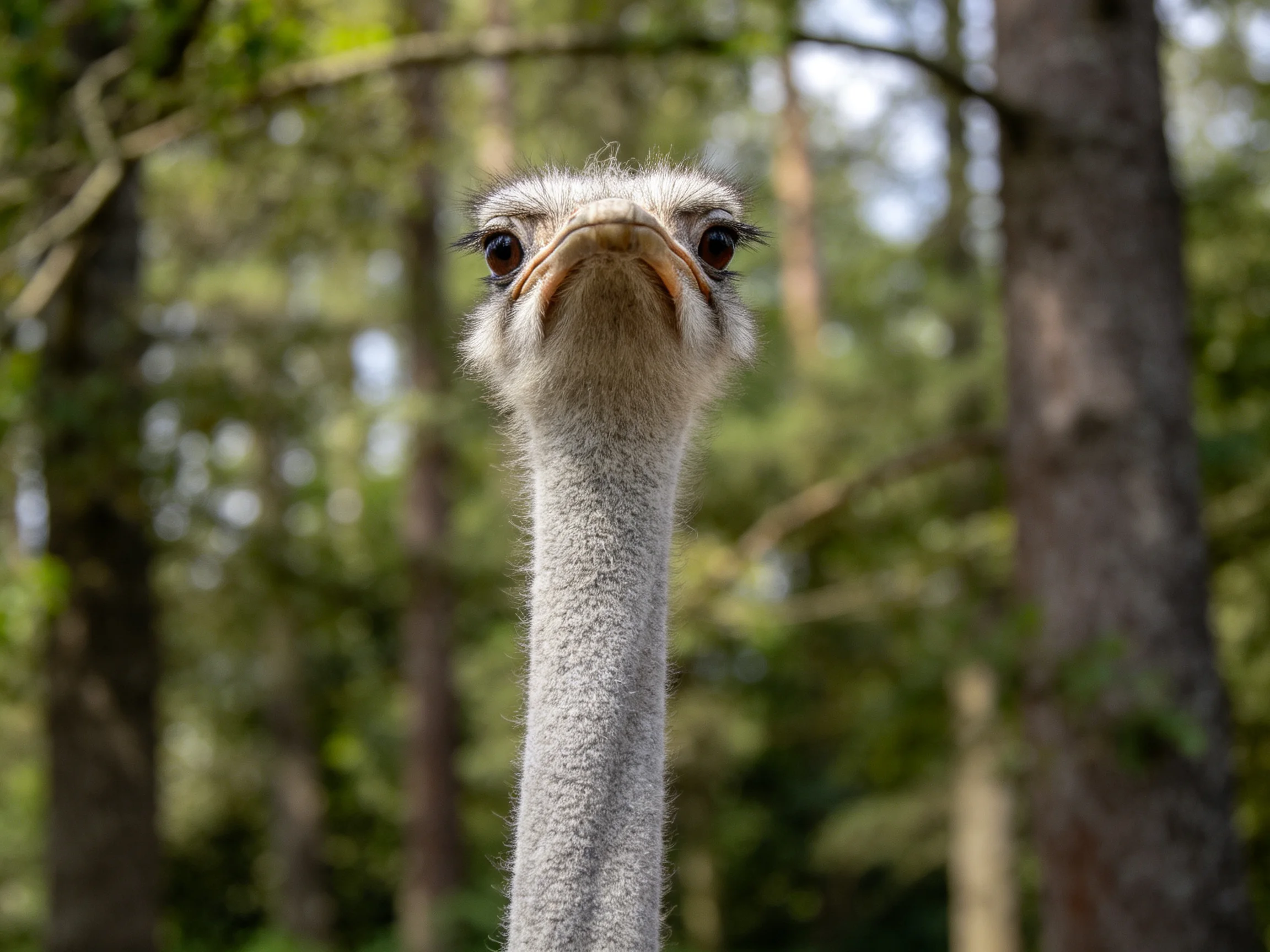A close-up portrait of an ostrichs head against a forest backdrop