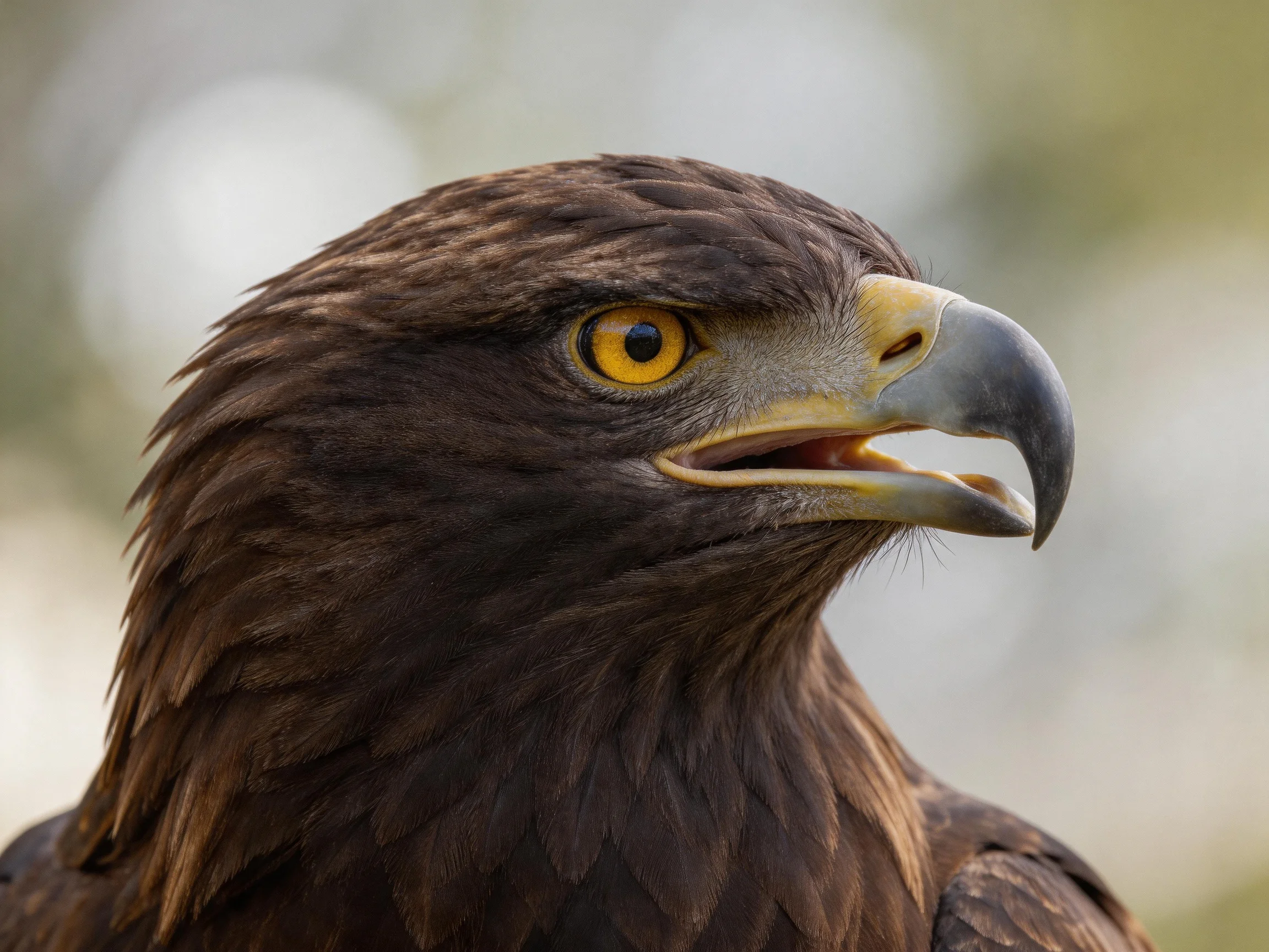 A close-up portrait ofa brown-feathered eagle with striking yellow eyes