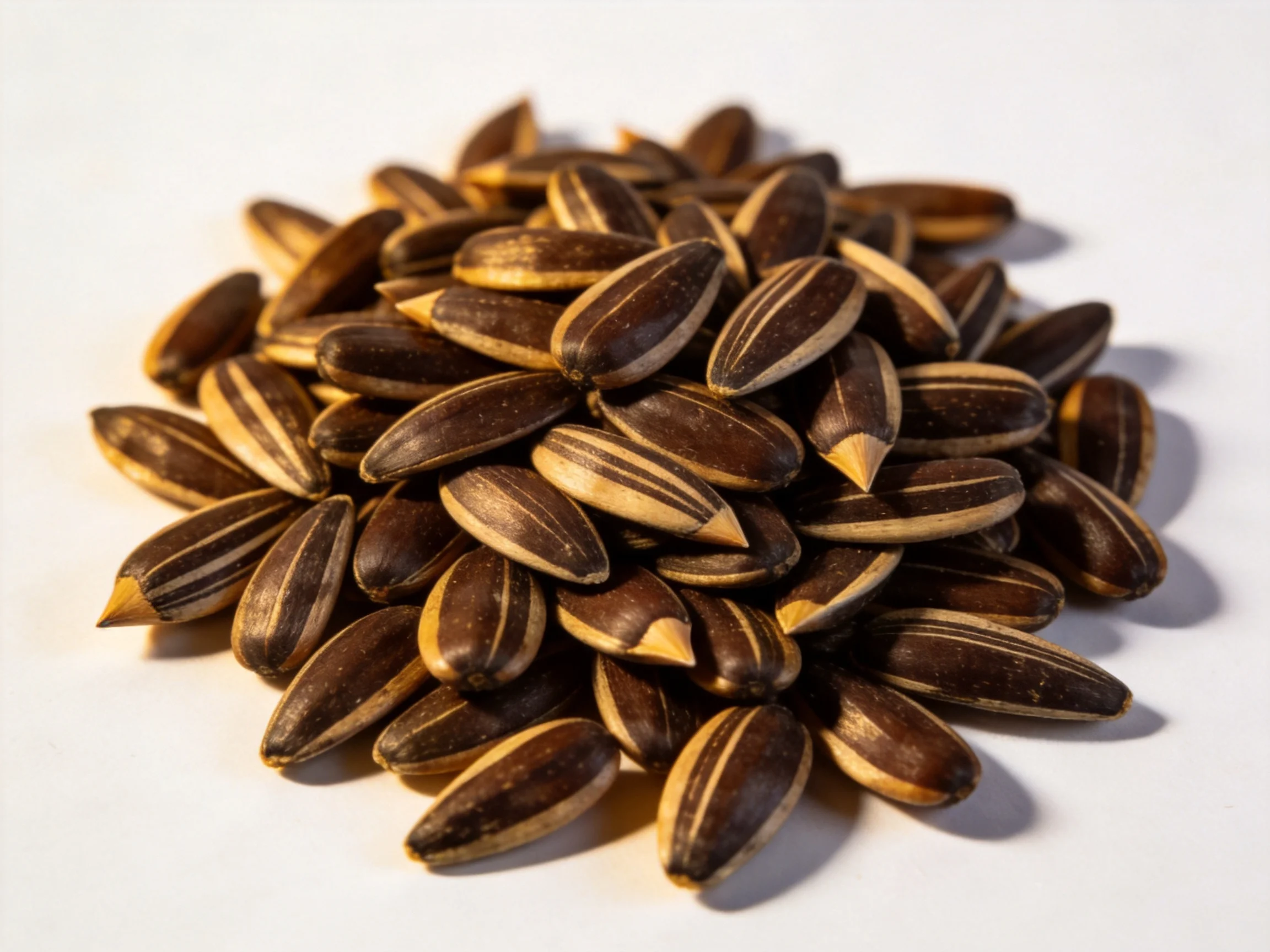 A cluster of dark brown striped sunflower seeds on a white surface