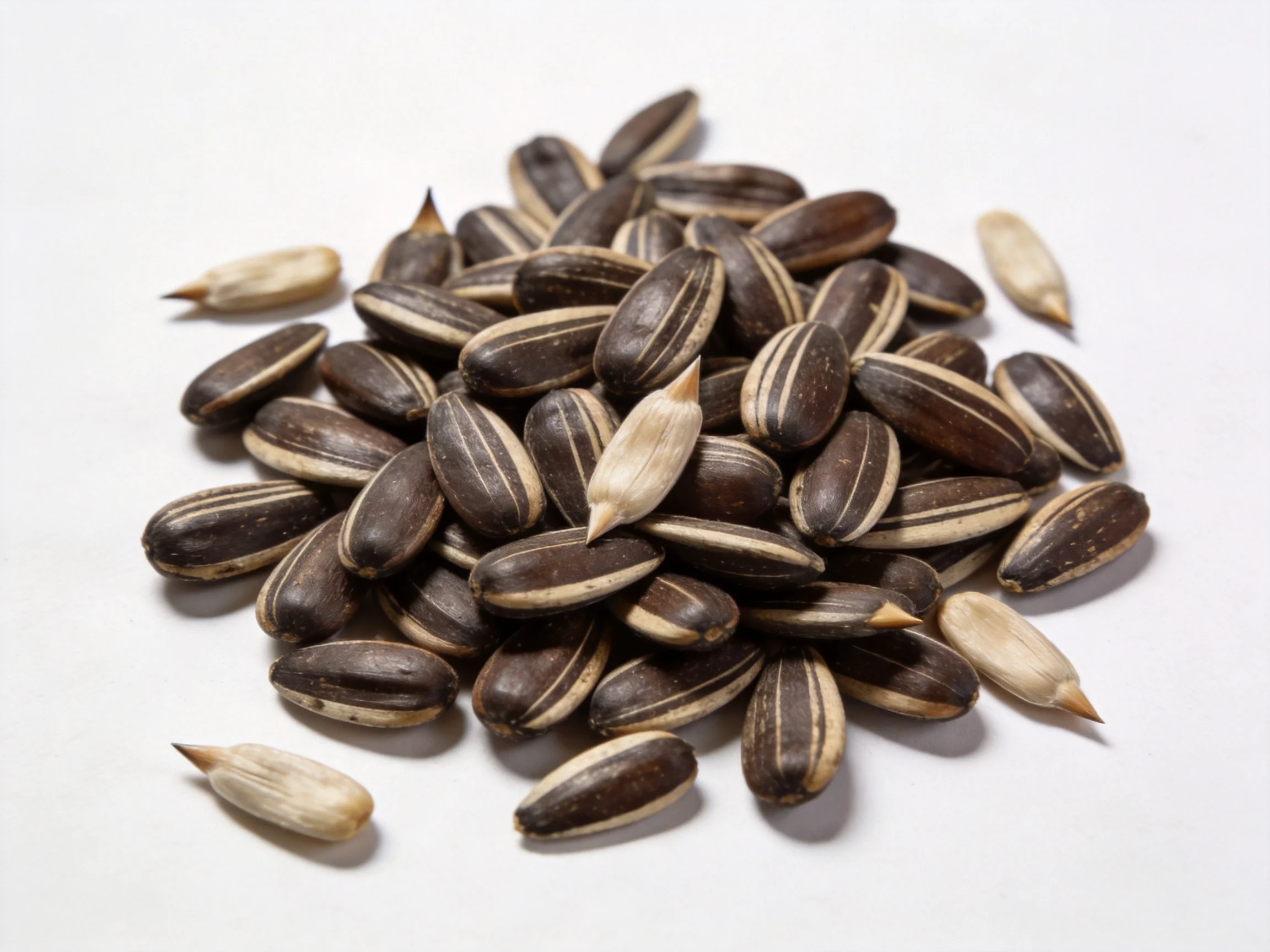 A cluster of dark brown striped sunflower seeds with lighter variants