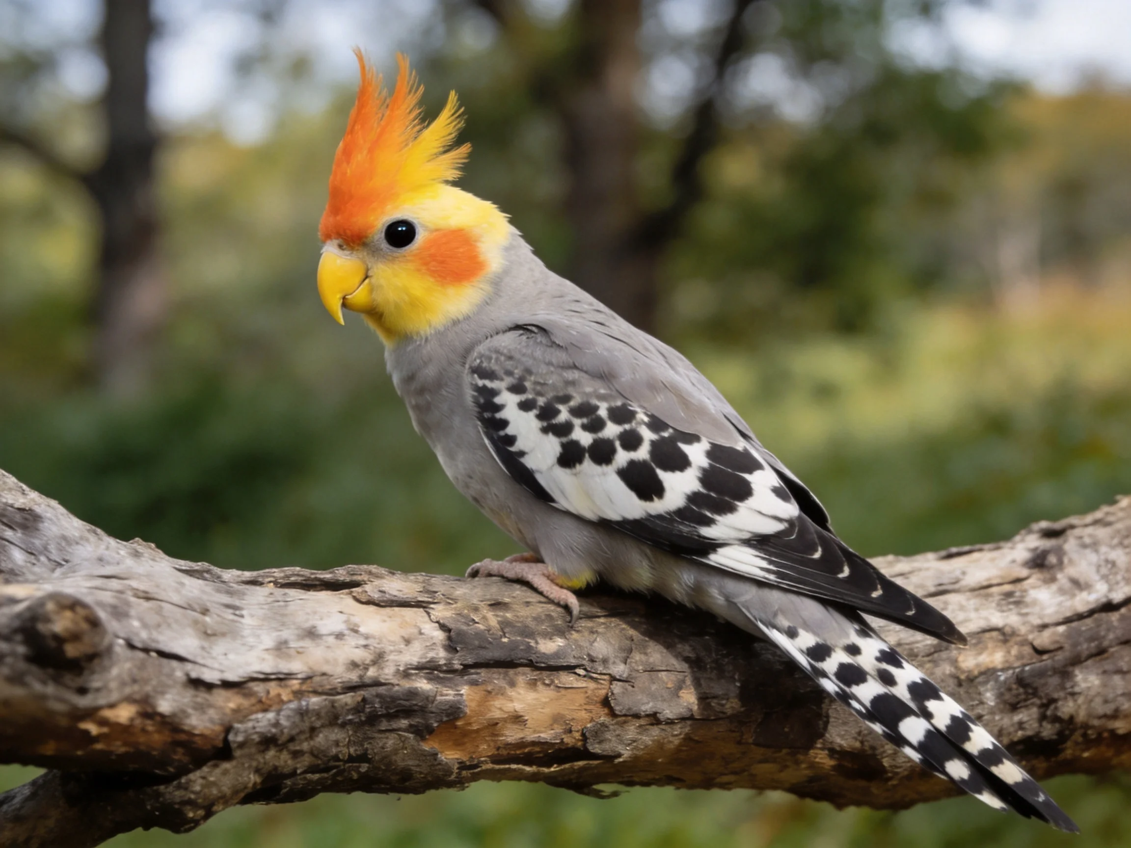 A cockatiel with an orange crest perches on a gnarled branch