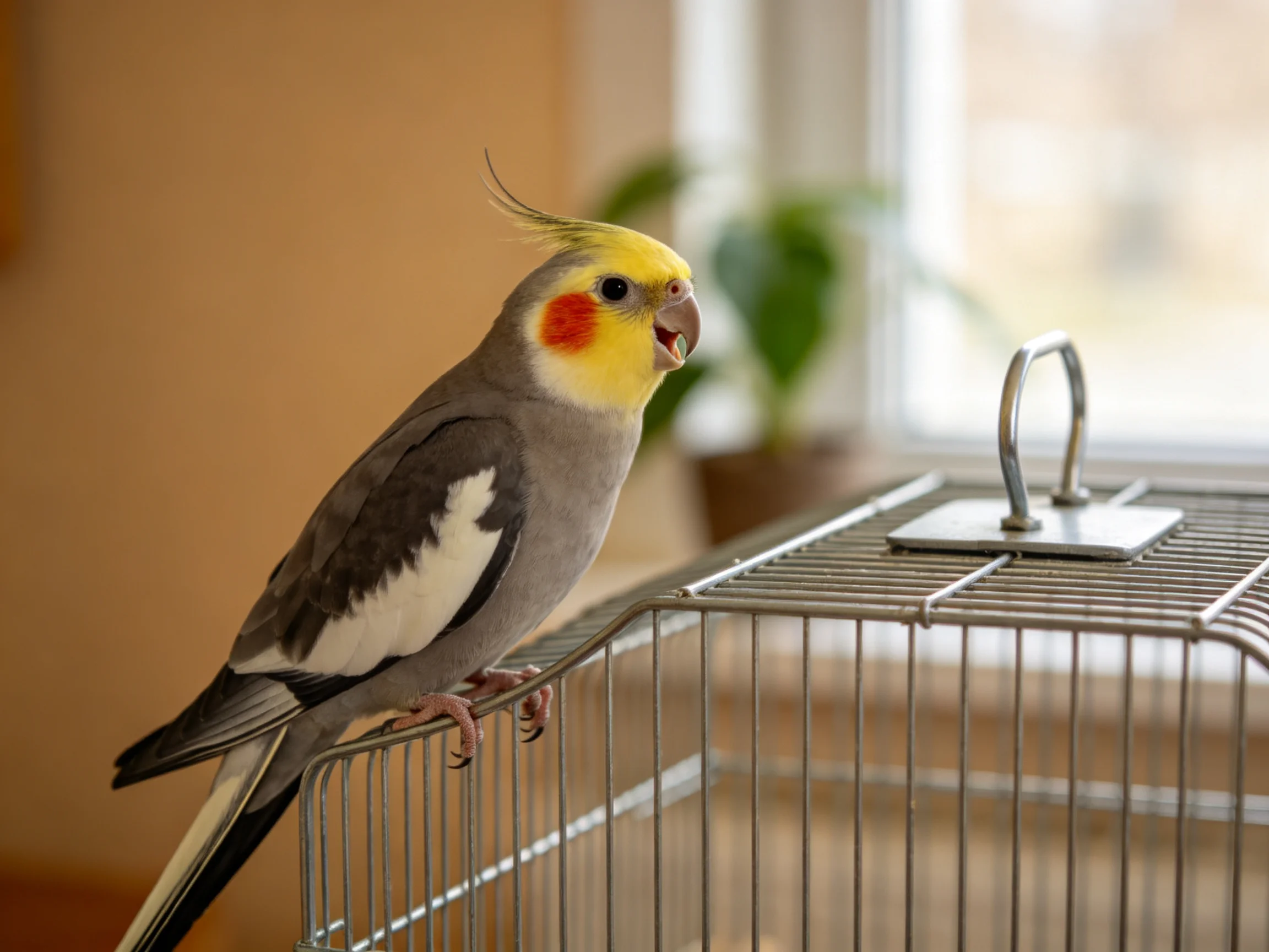 A cockatiel with gray, yellow, and white feathers perches on a metal cage