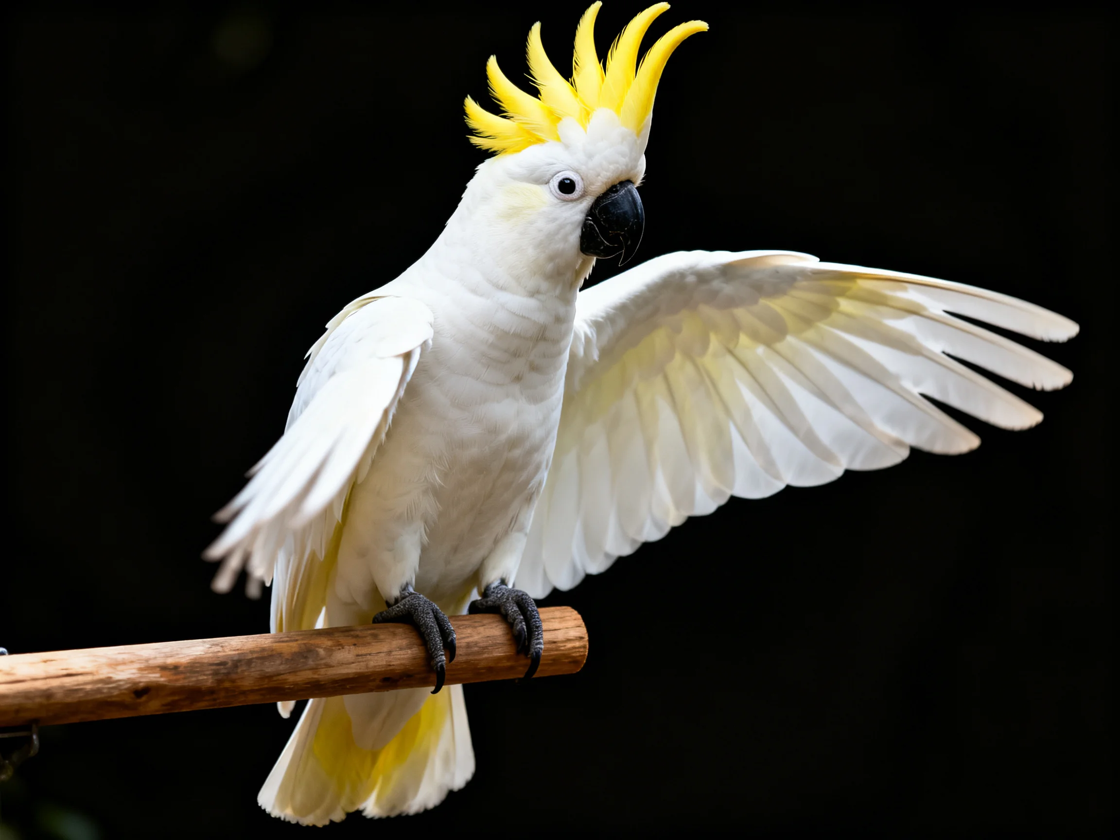 A cockatoo with bright yellow crest perches on a wooden stick