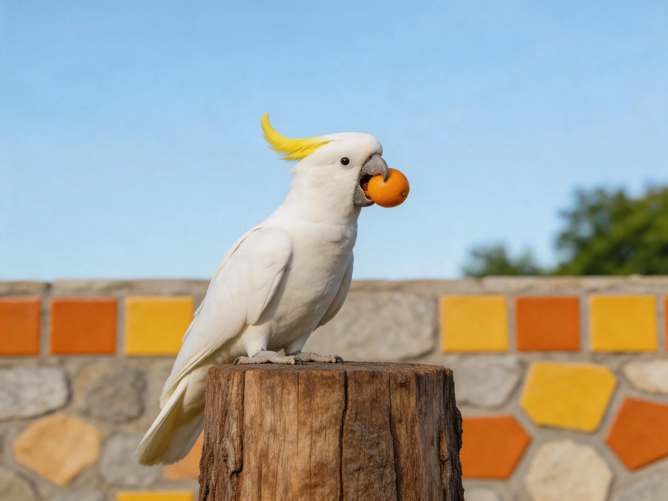 A cockatoo with yellow crest holds an orange on a wooden stump