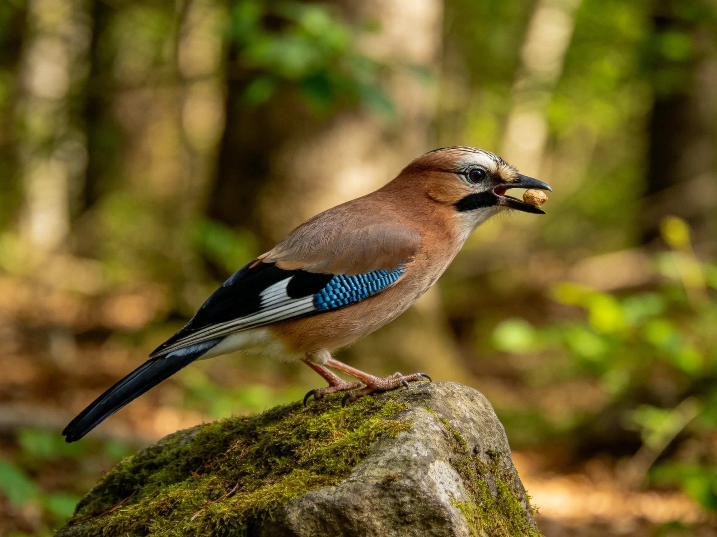 A colorful Eurasian Jay perches on a moss-covered rock in a sunlit forest