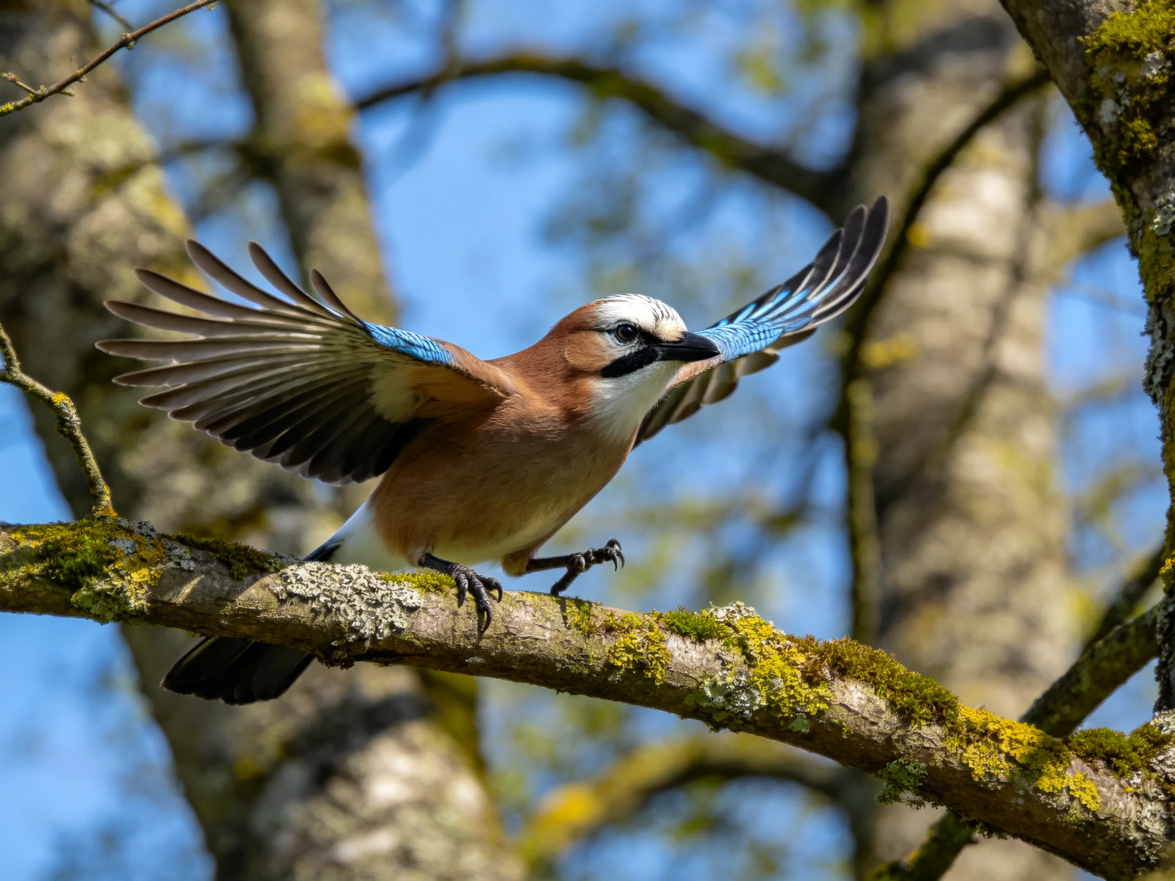 A colorful Eurasian Jay spreading wings on mossy branch