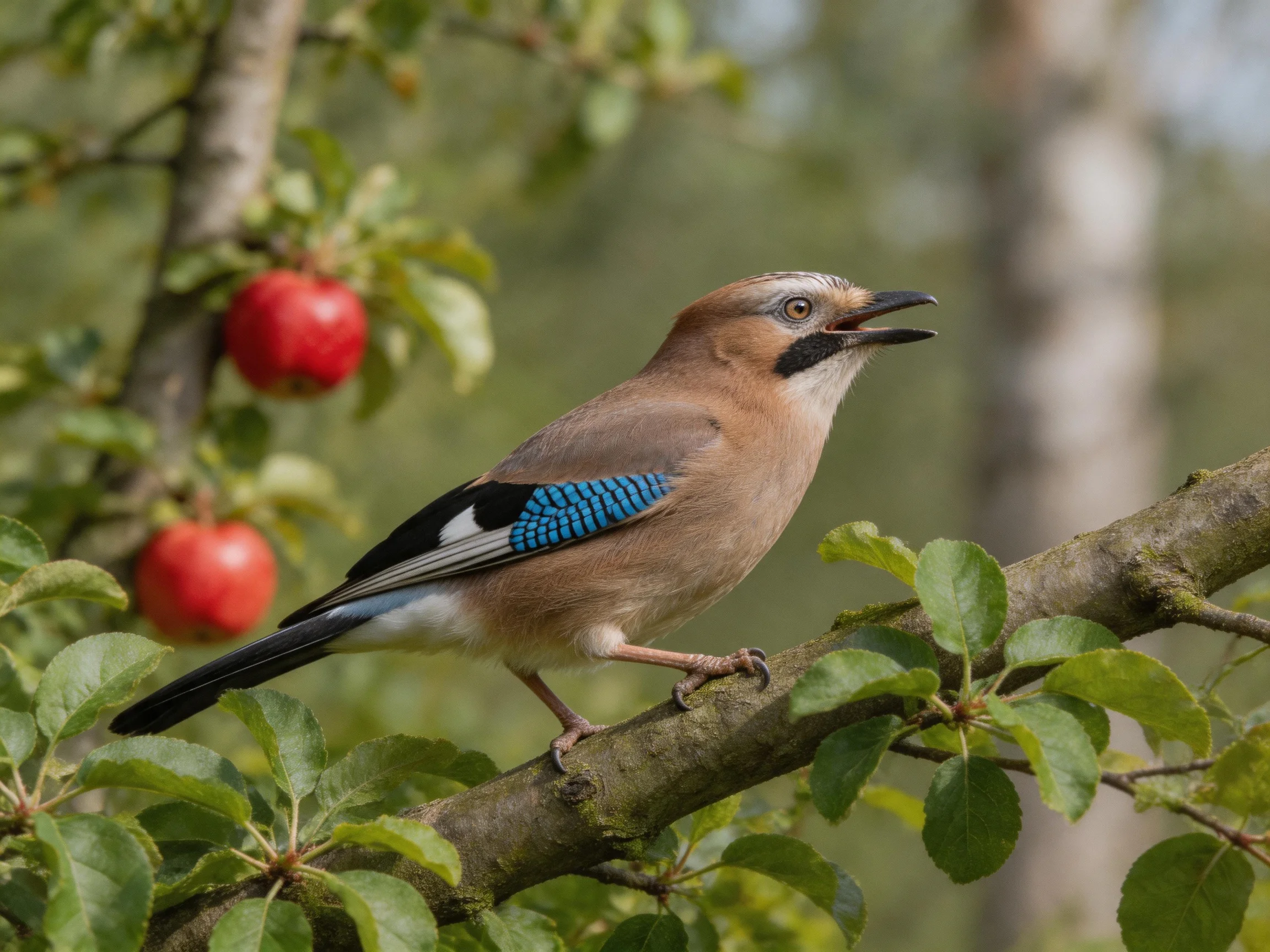 A colorful Eurasian jay perched on a branch with red apples