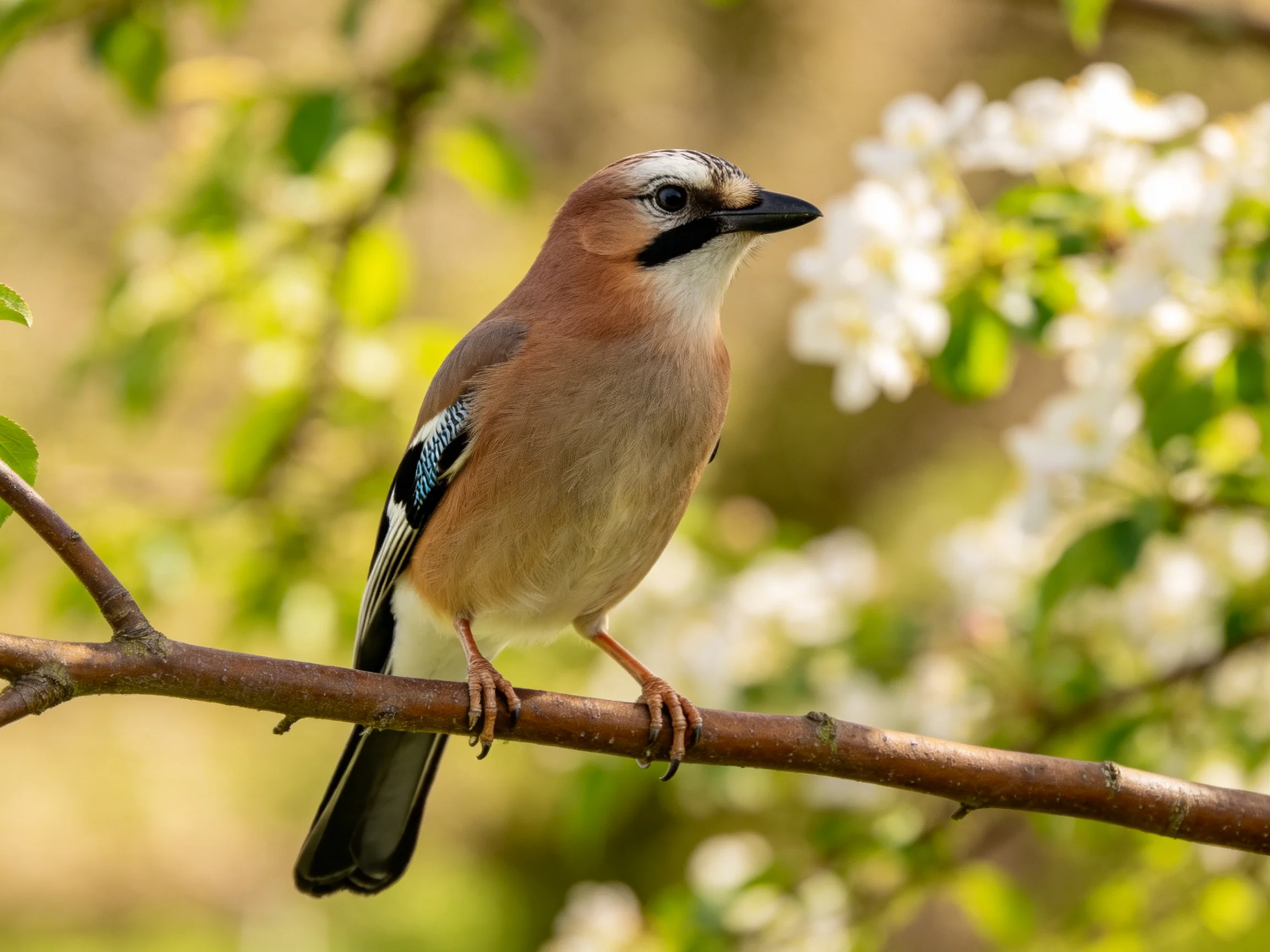 A colorful Eurasian jay perched on a flowering branch