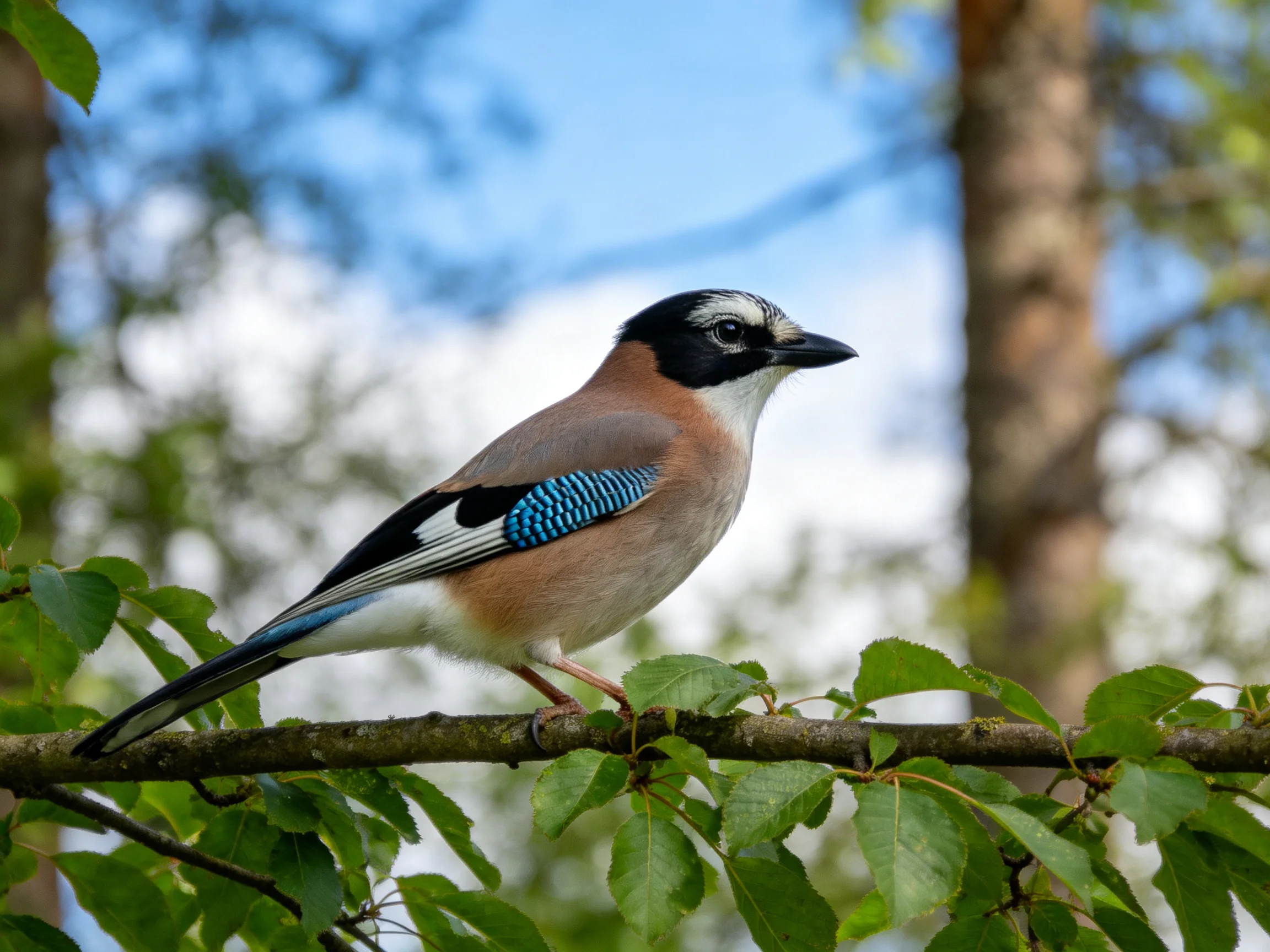 A colorful Eurasian jay perched on a leafy tree branch