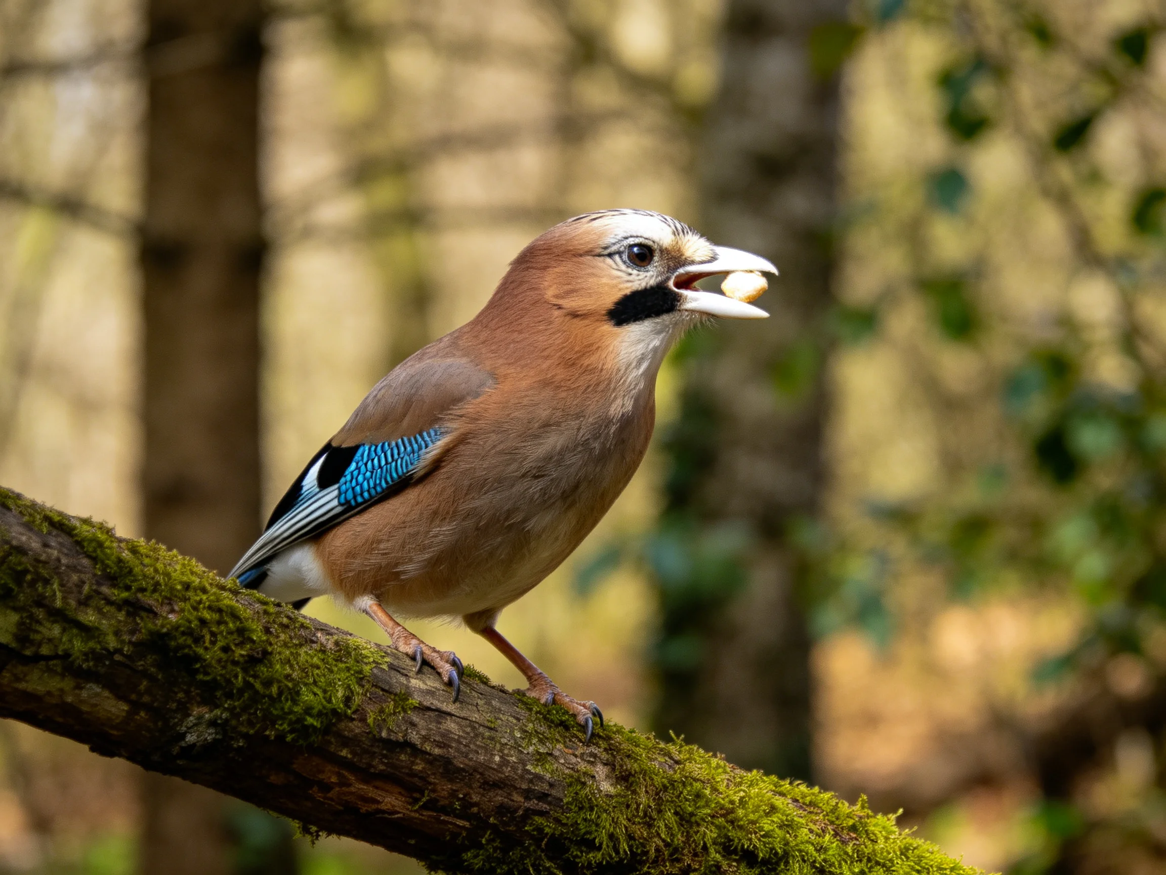 A colorful Eurasian jay perched on a moss-covered branch