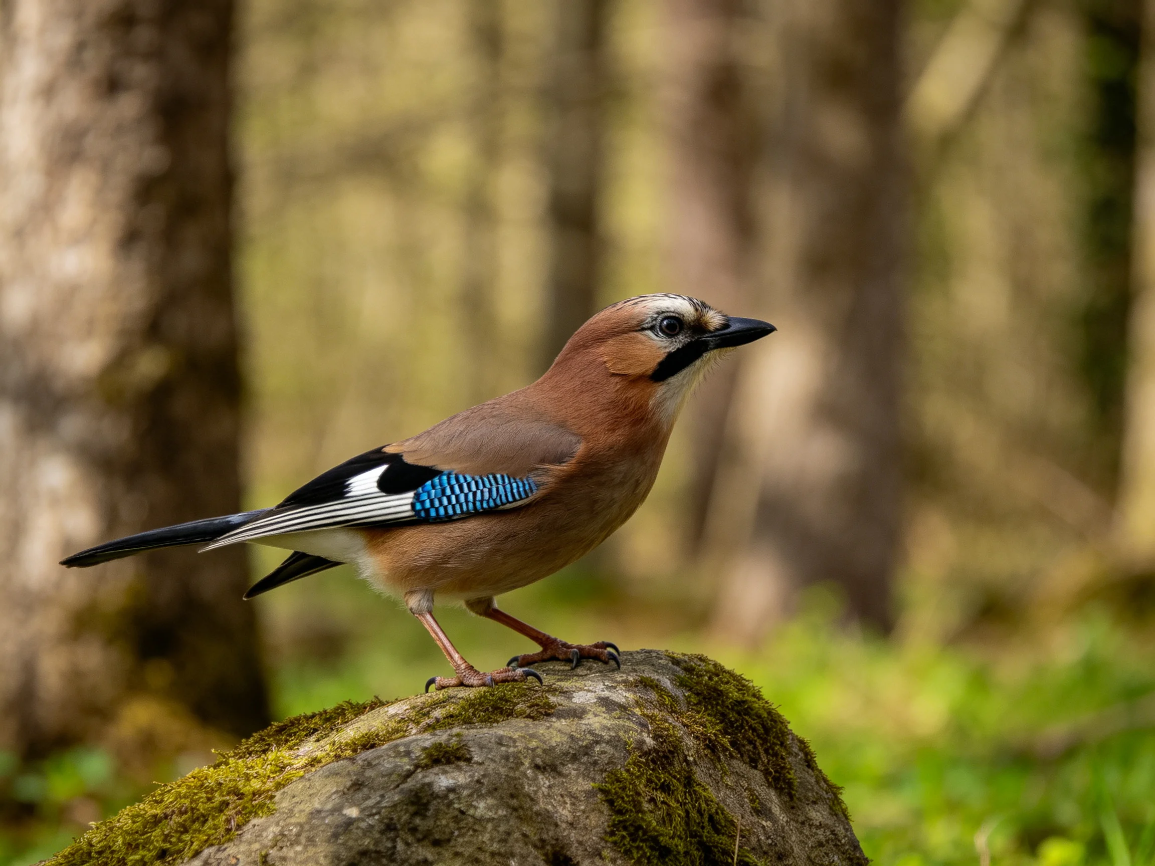 A colorful Eurasian jay perched on a moss-covered rock