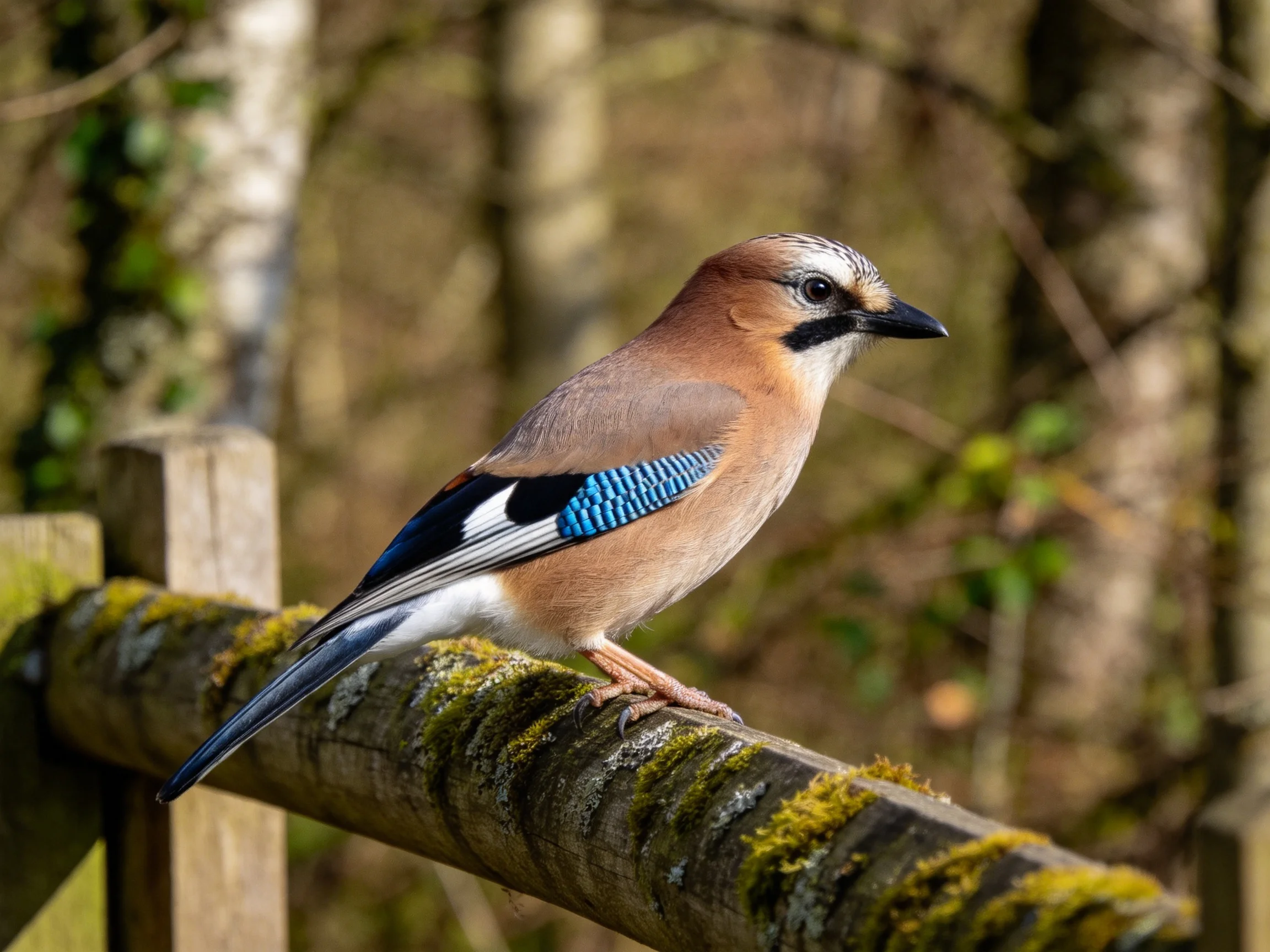 A colorful Eurasian jay perched on a moss-covered wooden fence post