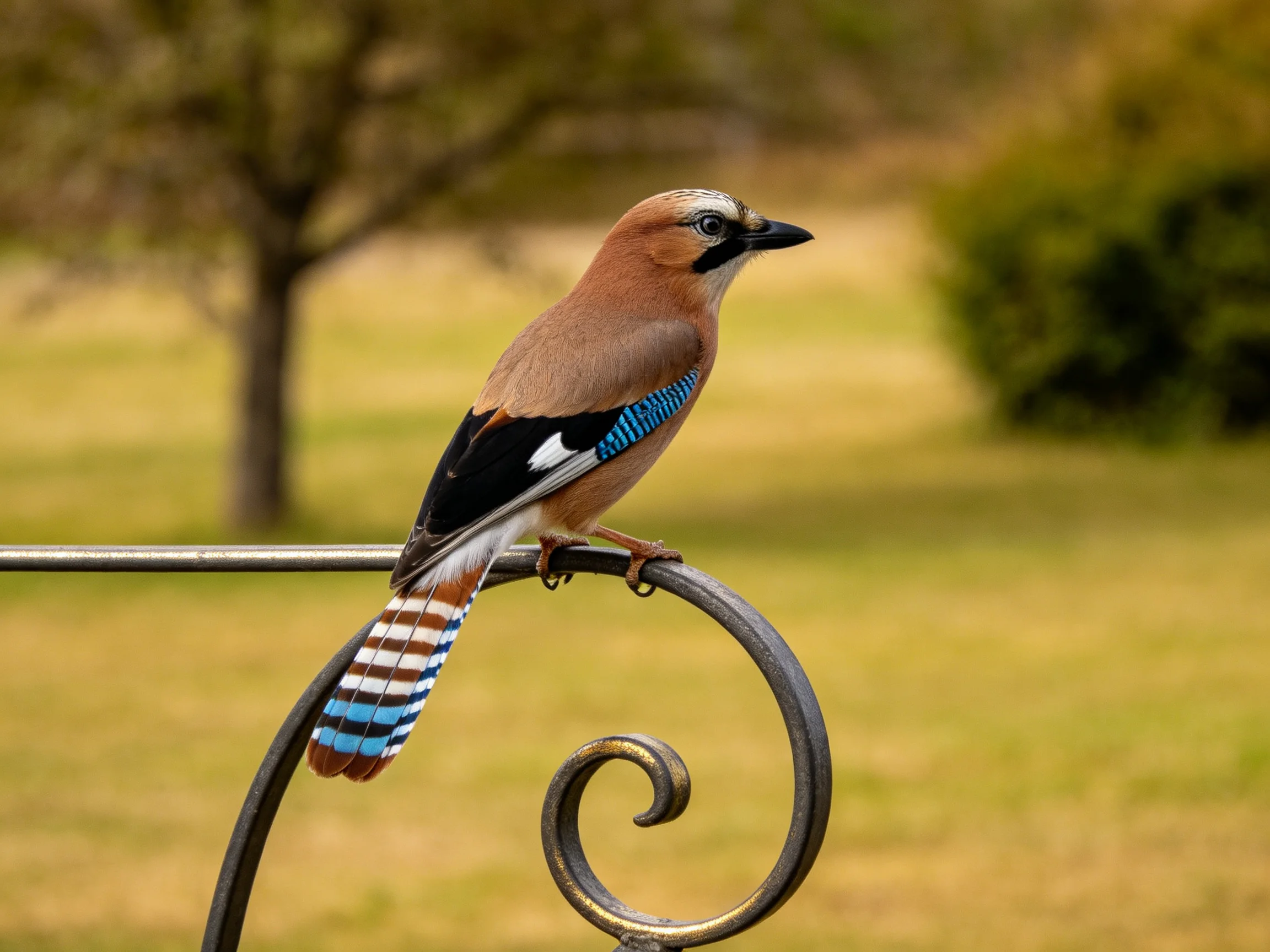 A colorful Eurasian jay perched on an ornate metal scroll