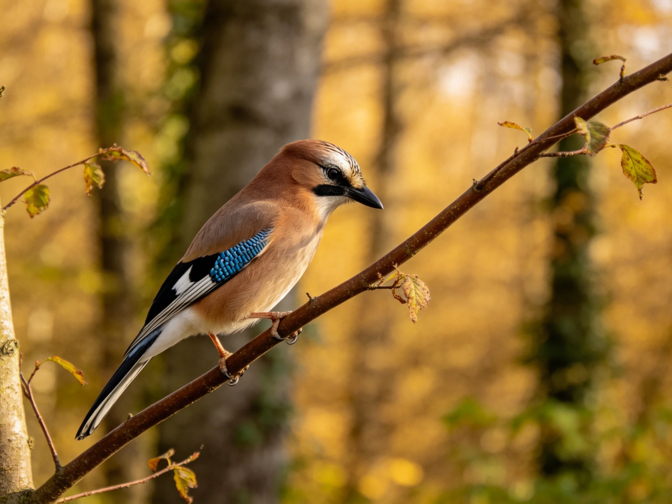 A colorful Eurasian jay perches on a brown tree branch in autumn woods.