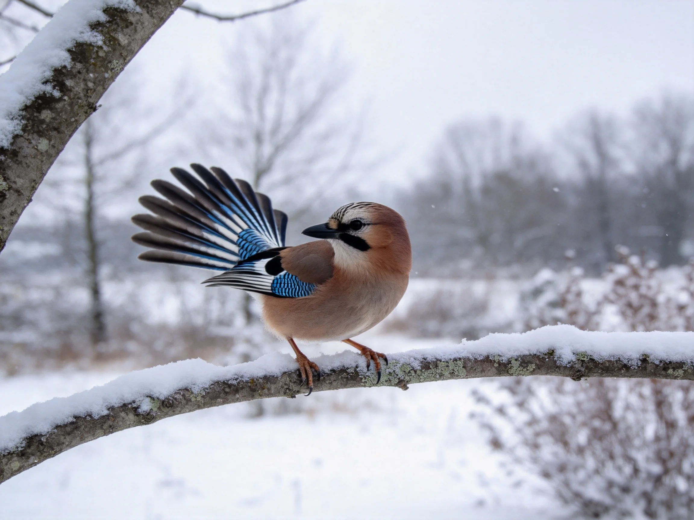 A colorful Eurasian jay perches on a snow-laden branch