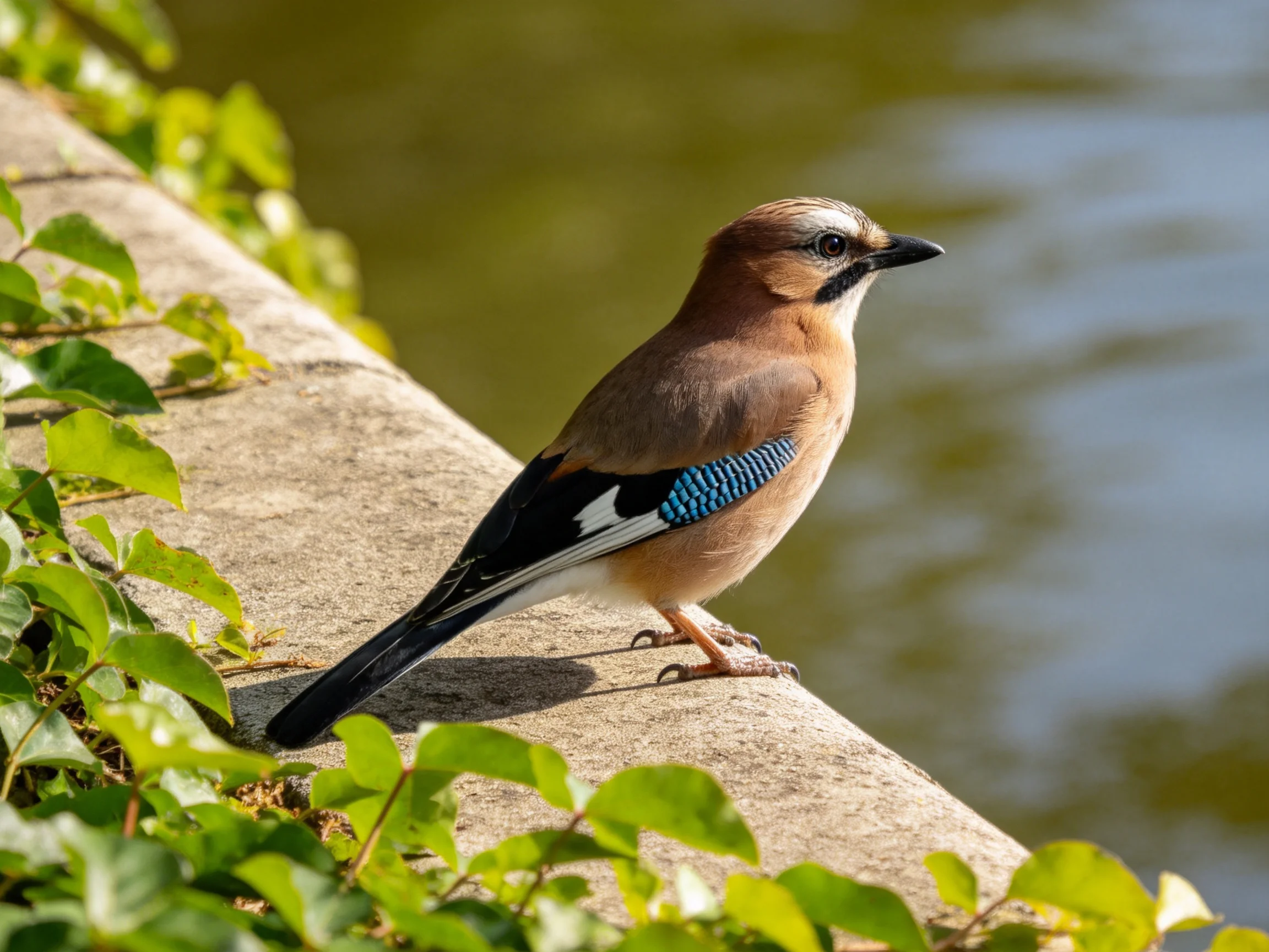 A colorful Eurasian jay perches on a stone ledge by calm water