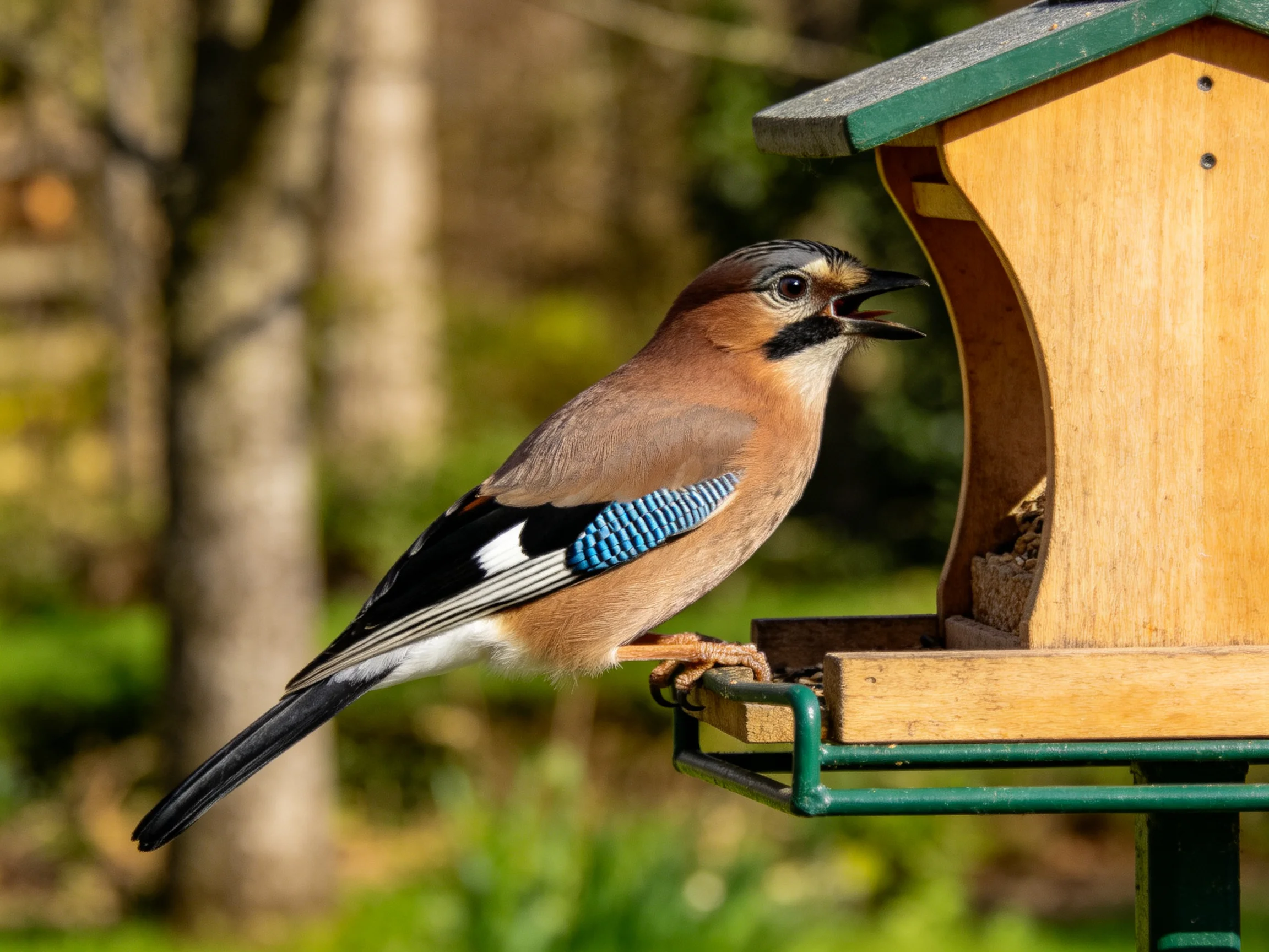 A colorful Eurasian jay perches on a wooden bird feeder