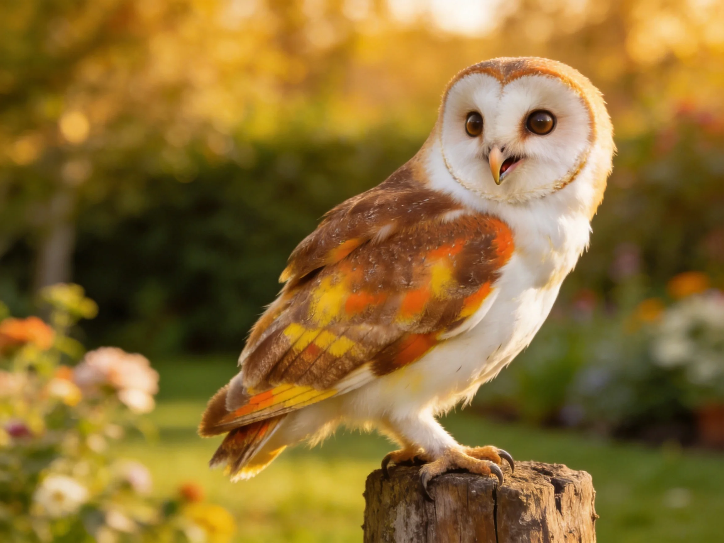 A colorful barn owl perched on a wooden post in a sunlit garden