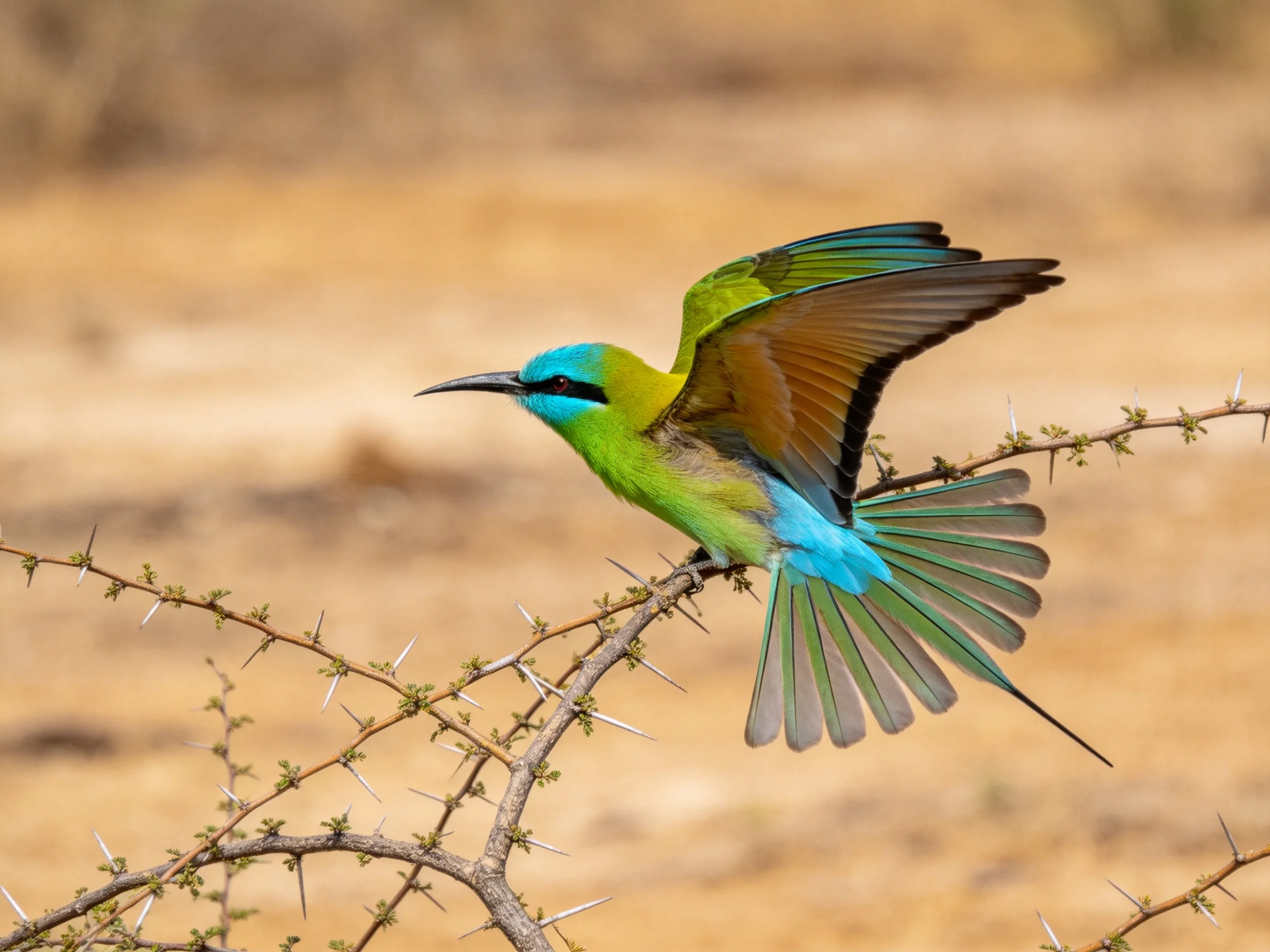 A colorful bee -ater landing on a thorny acacia branch