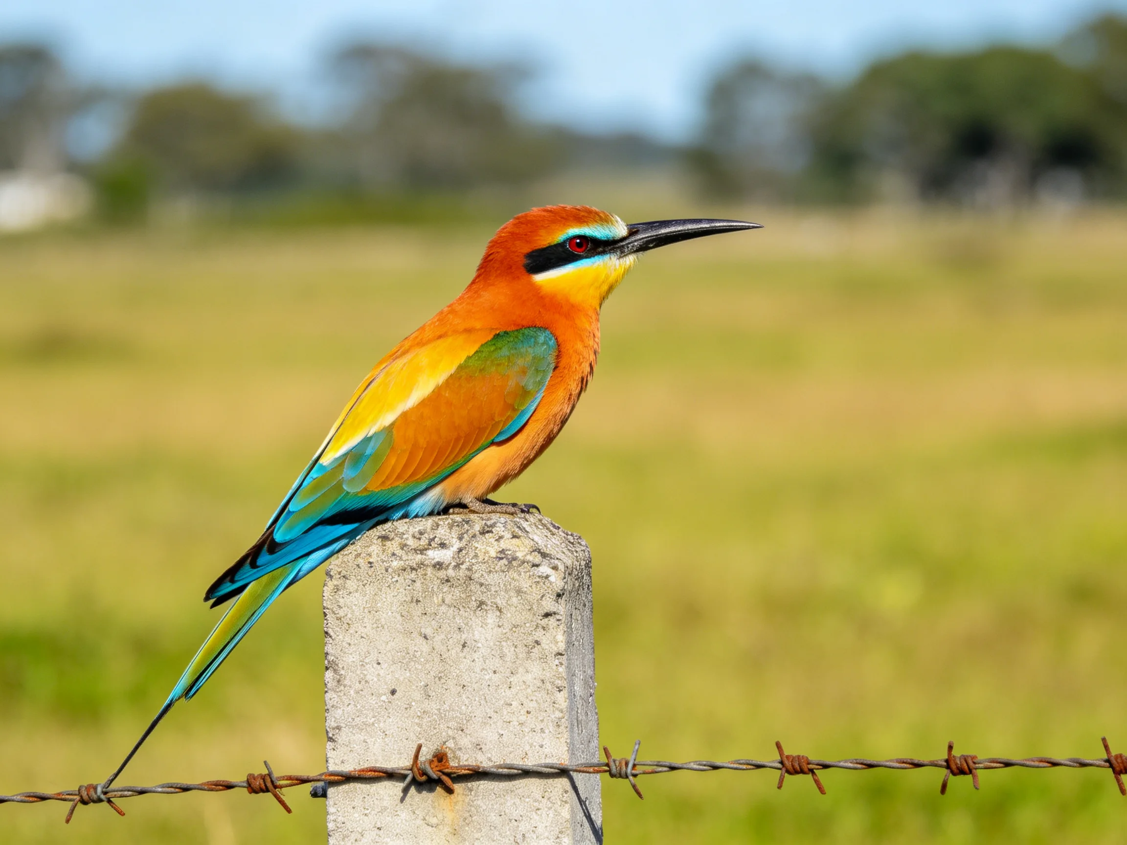 A colorful bee-eater perches on a weathered concrete post